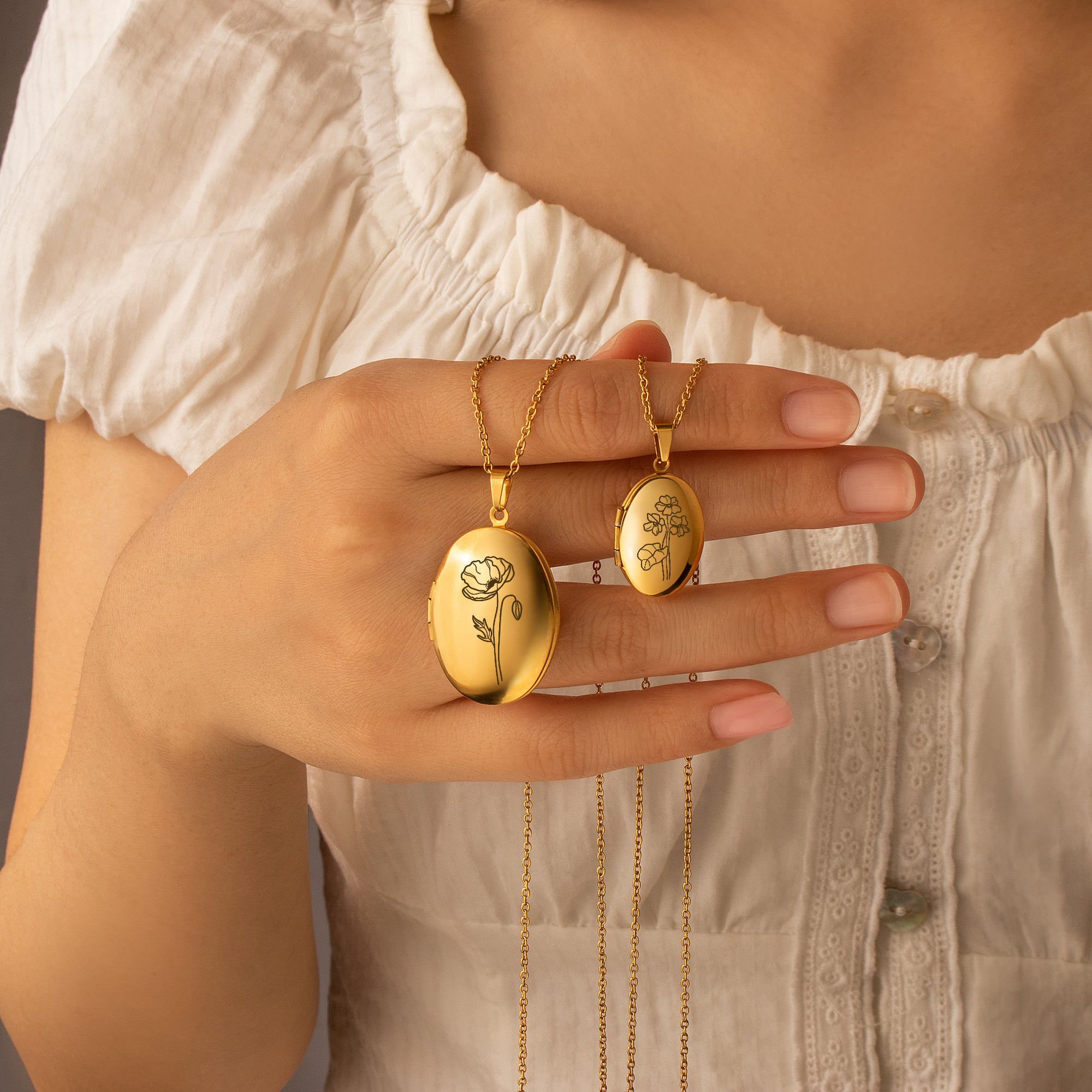 Oval Birth Flower Photo Locket Necklace