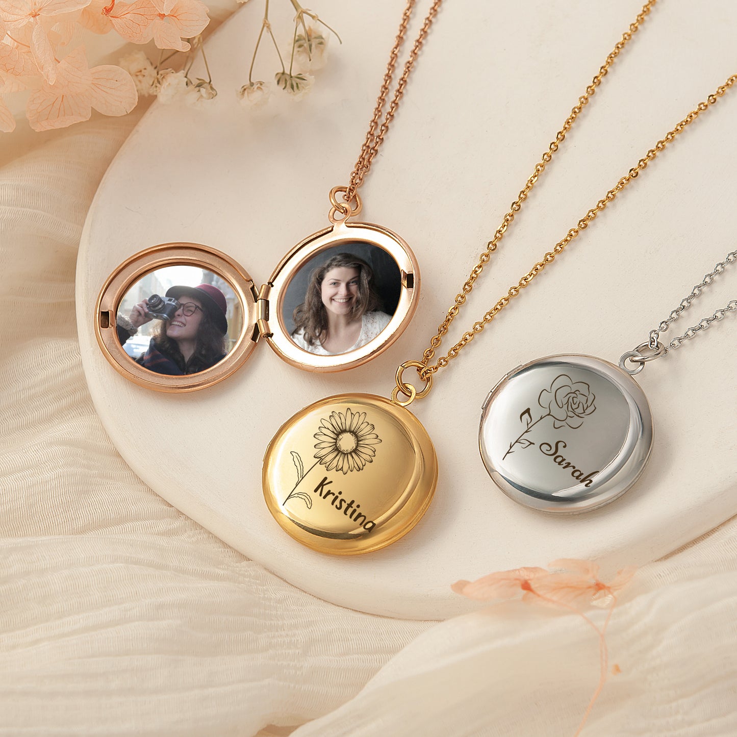 Custom Birth Flower and Name Photo Locket Necklace