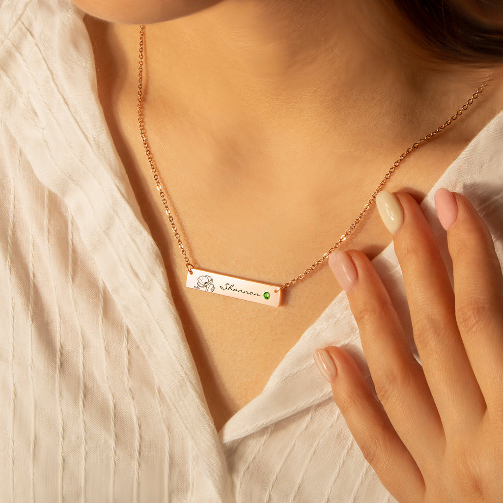 Birthstone Bar Flower and Name Necklace