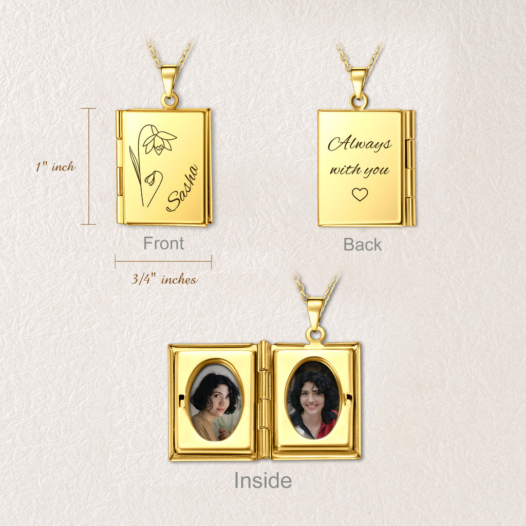 Square Birth Flower and Name Photo Locket Necklace