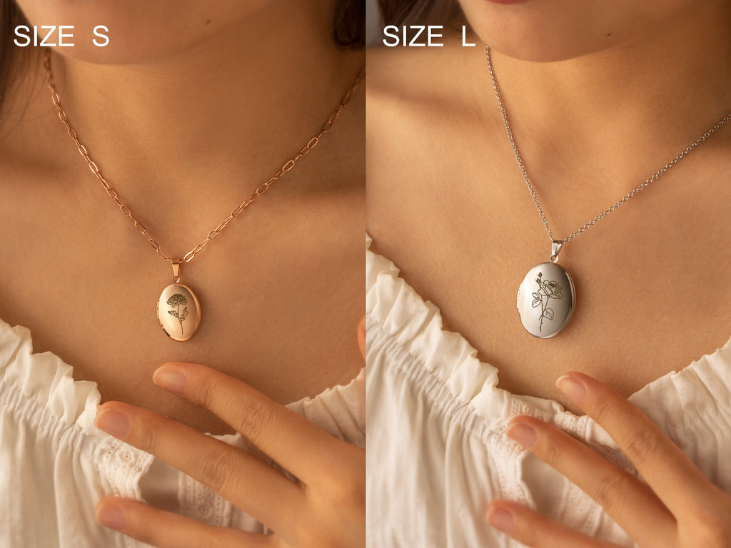 Oval Birth Flower Photo Locket Necklace