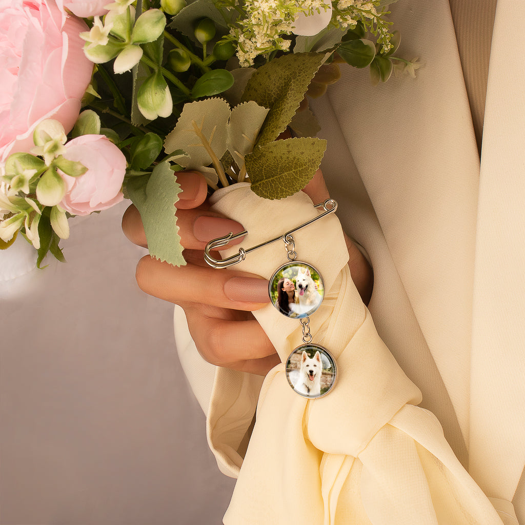 Vertical Wedding Round Photo Brooch Pin