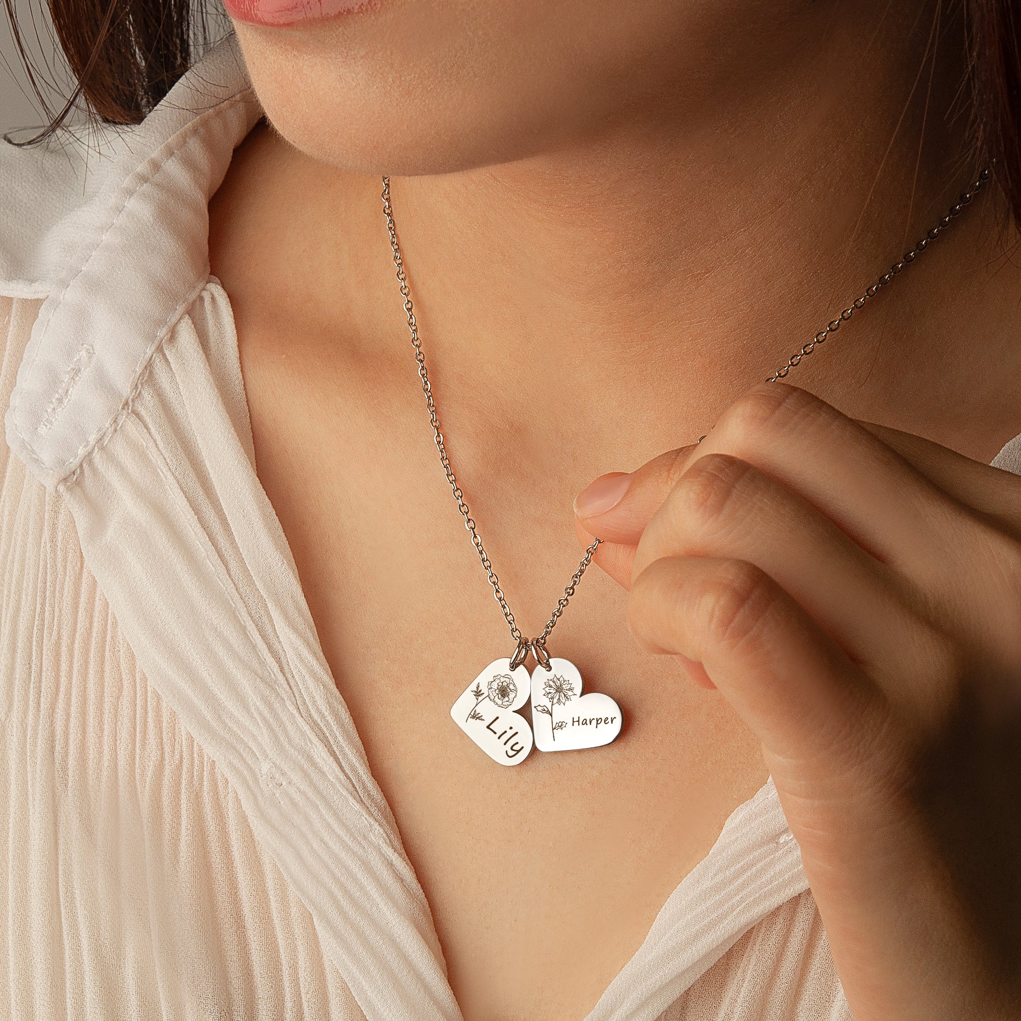 Personalized Mini Heart Text and Birth Flower Necklace