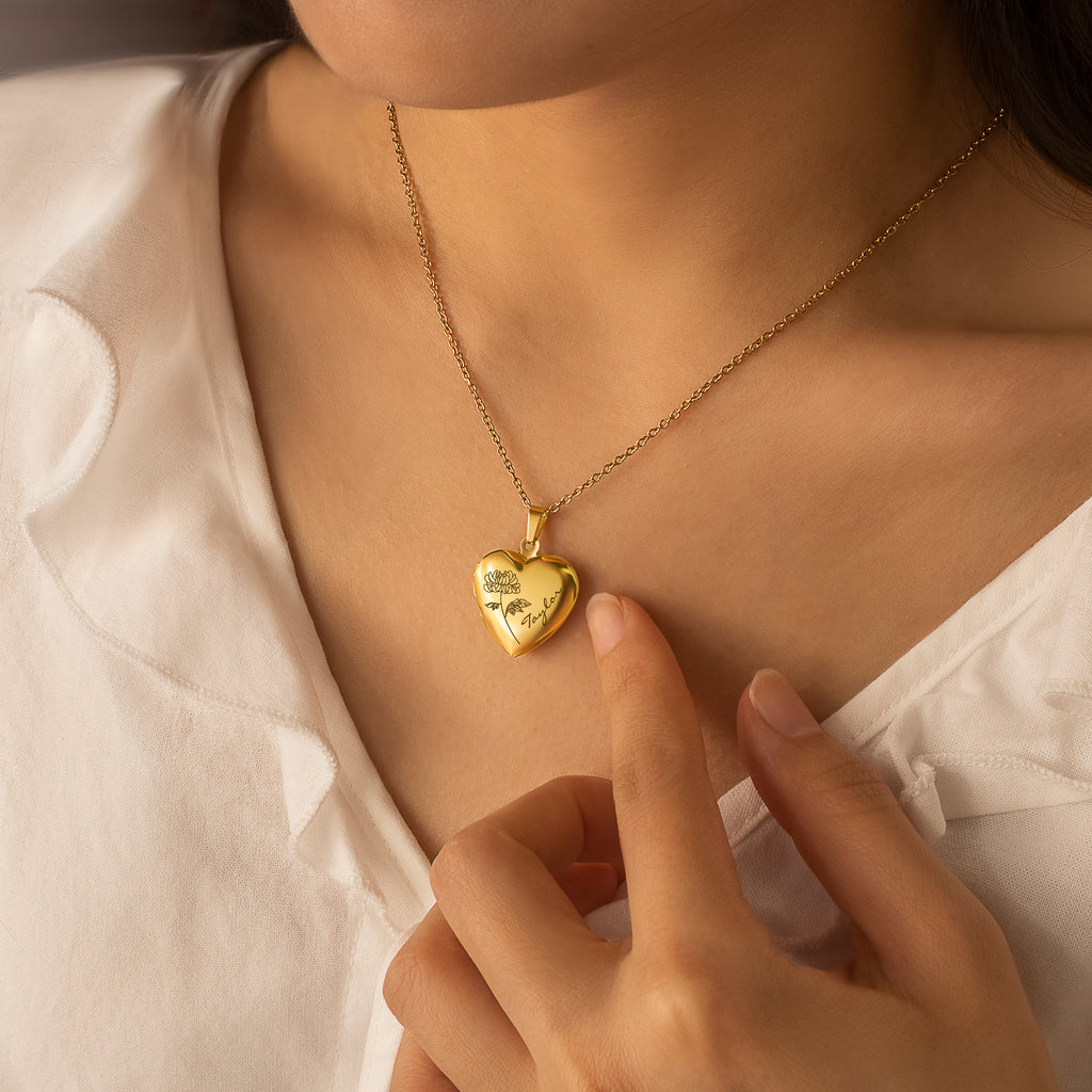 Personalized Birth Flower and Name Heart Photo Locket