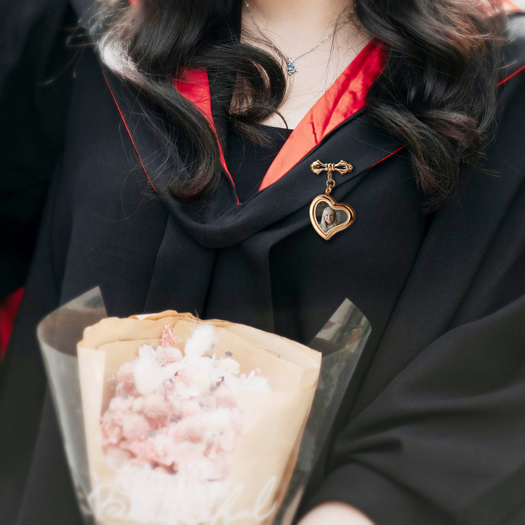 Glass Sideways Heart Graduation Photo Locket Brooch Pin