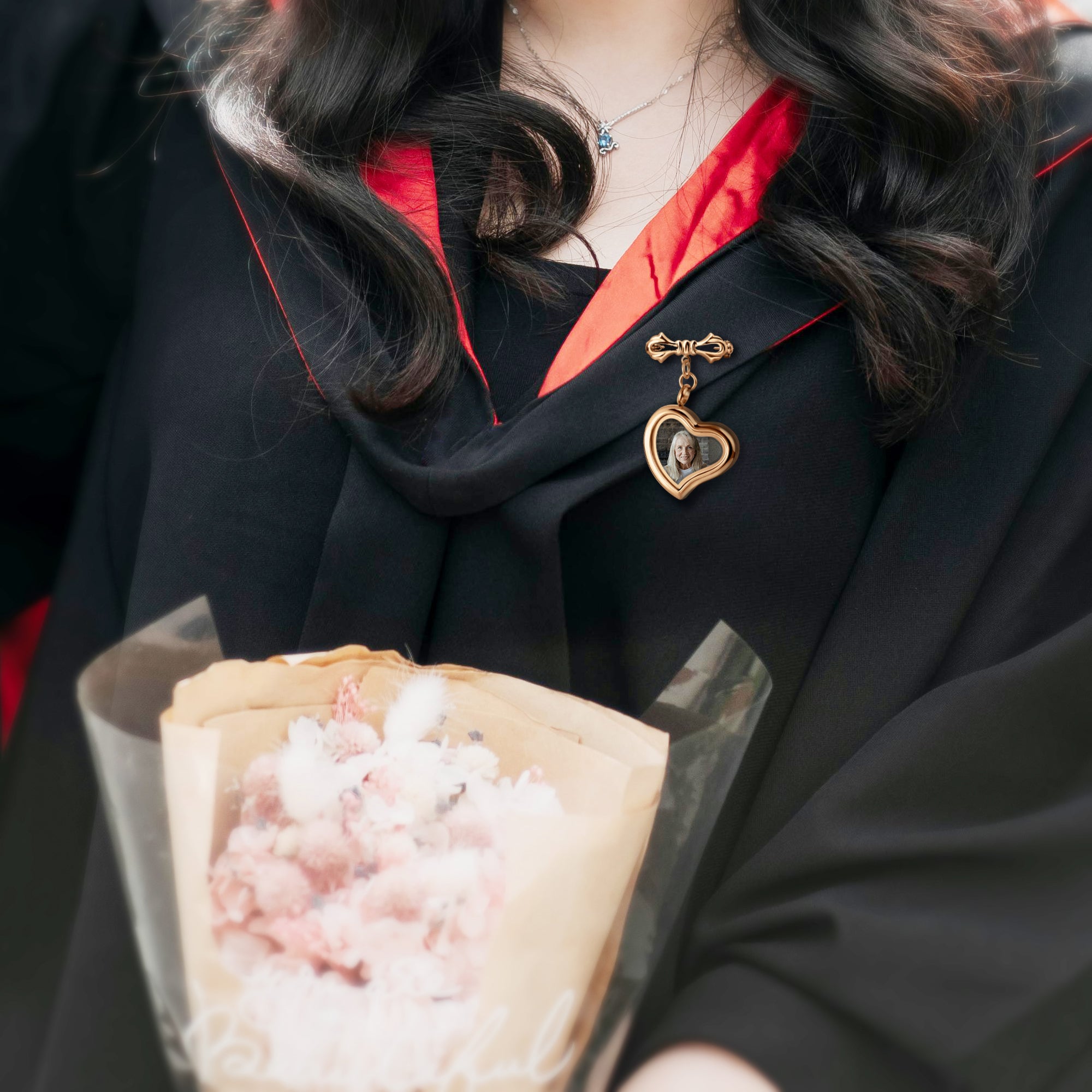 Glass Sideways Heart Graduation Photo Locket Brooch Pin