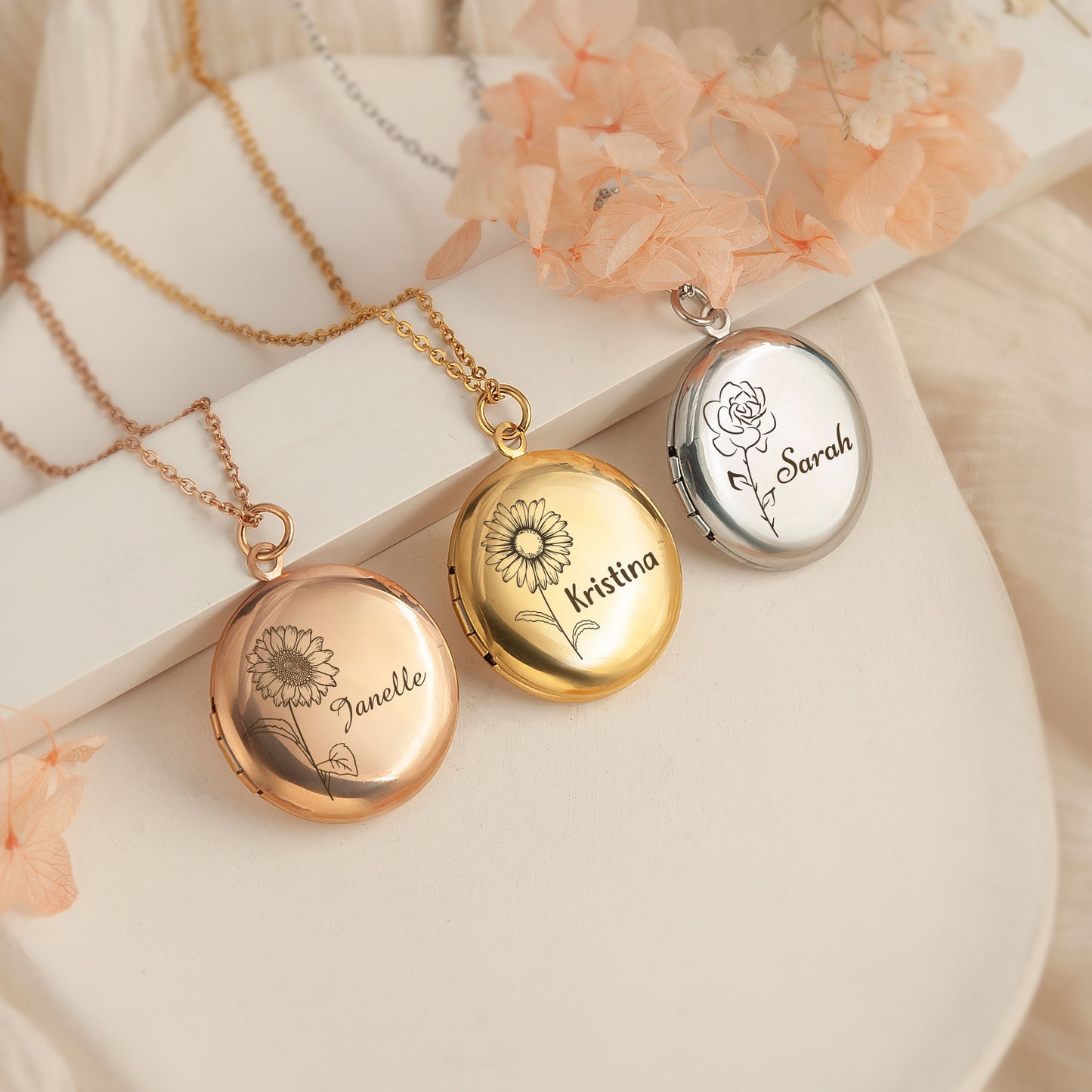 Custom Birth Flower and Name Photo Locket Necklace