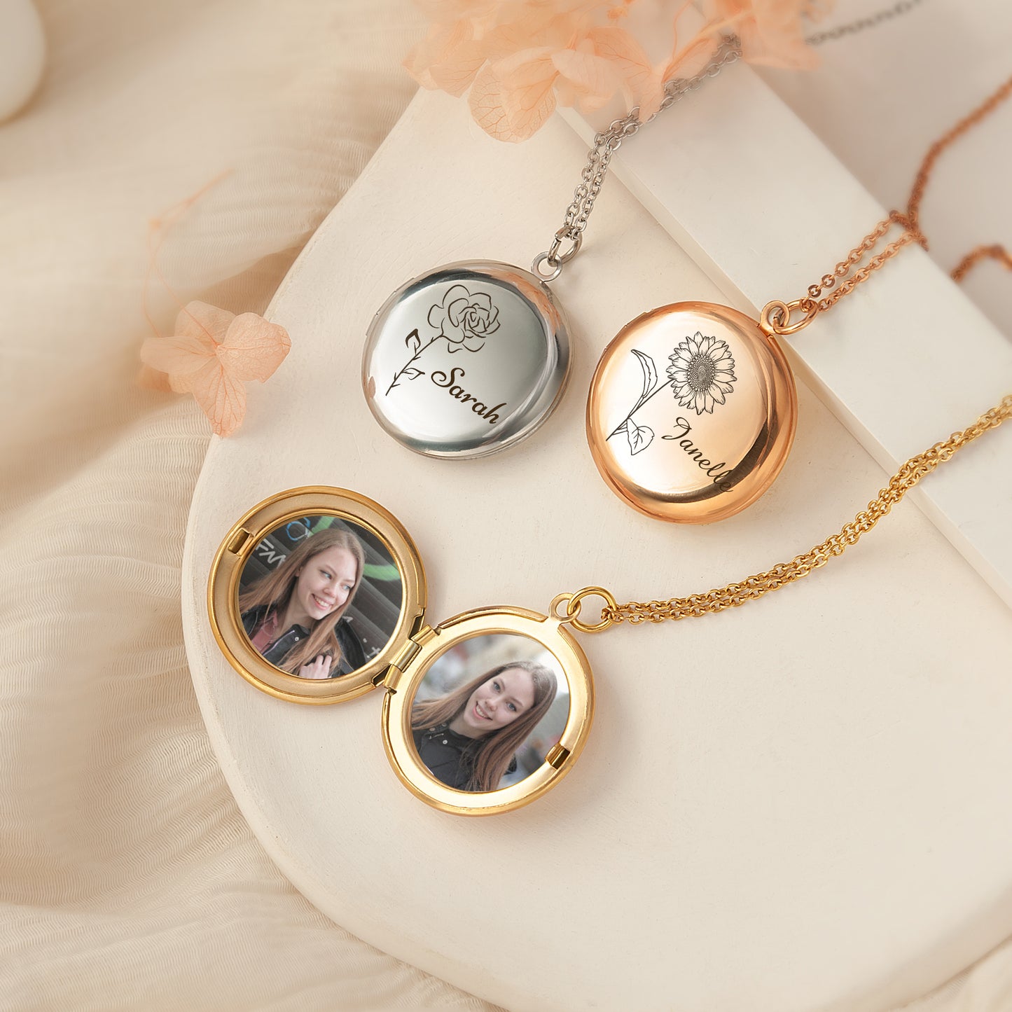 Custom Birth Flower and Name Photo Locket Necklace