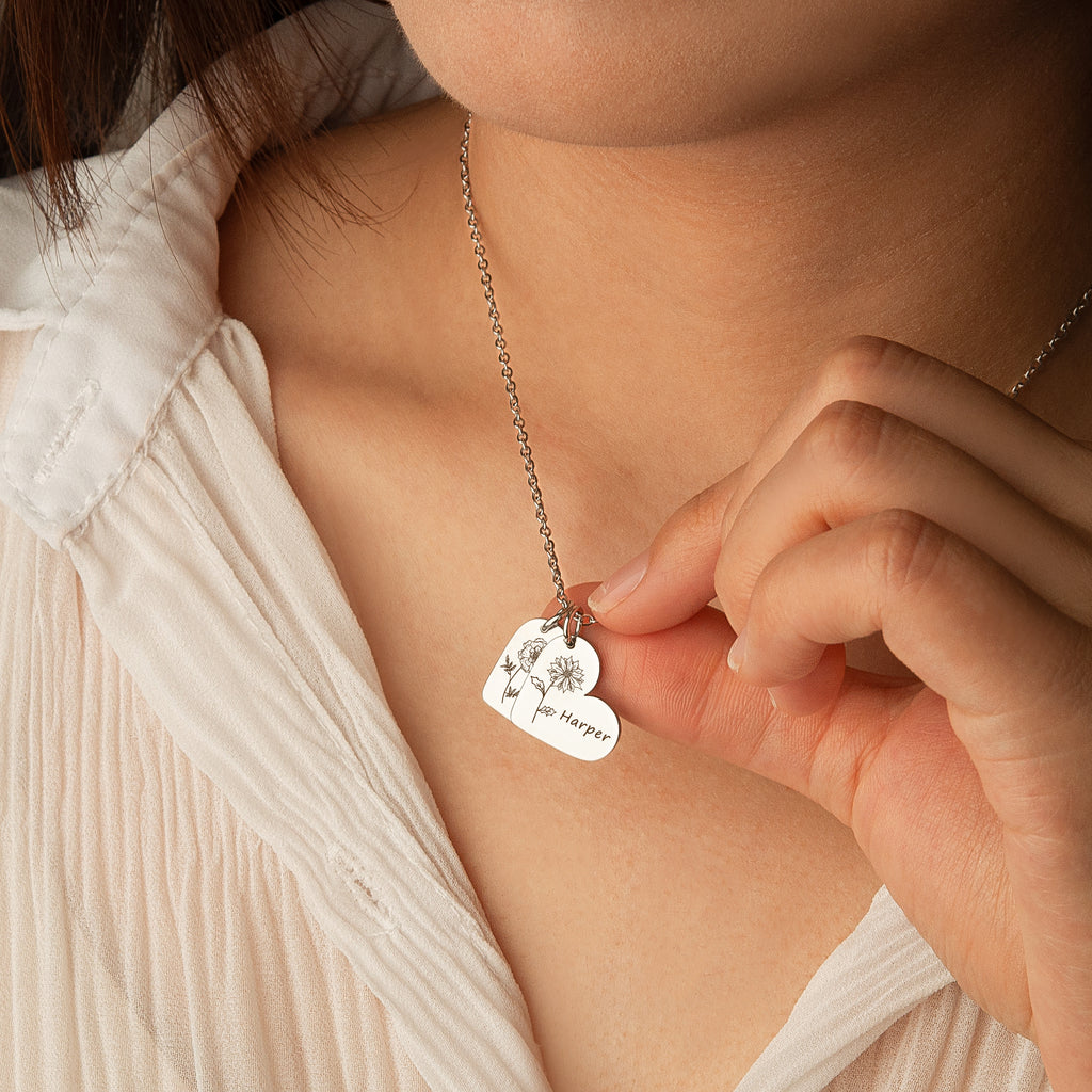 Personalized Mini Heart Text and Birth Flower Necklace