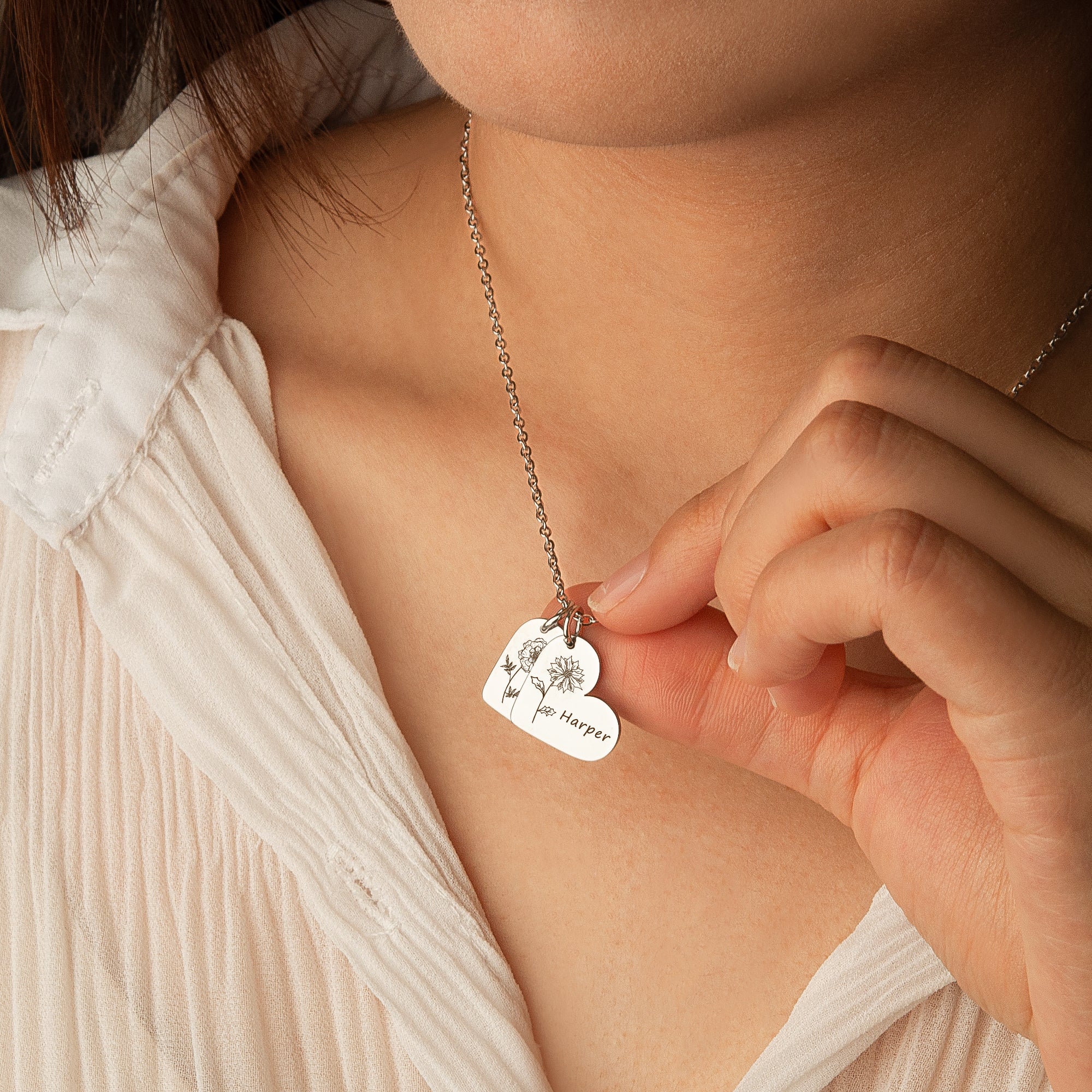Personalized Mini Heart Text and Birth Flower Necklace