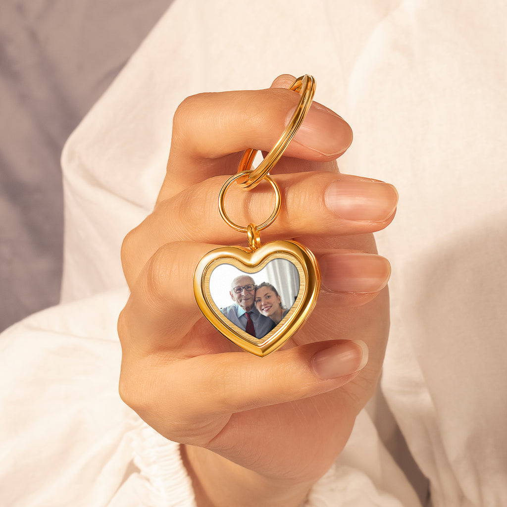 Glass Heart Photo Locket Memorial Keychain