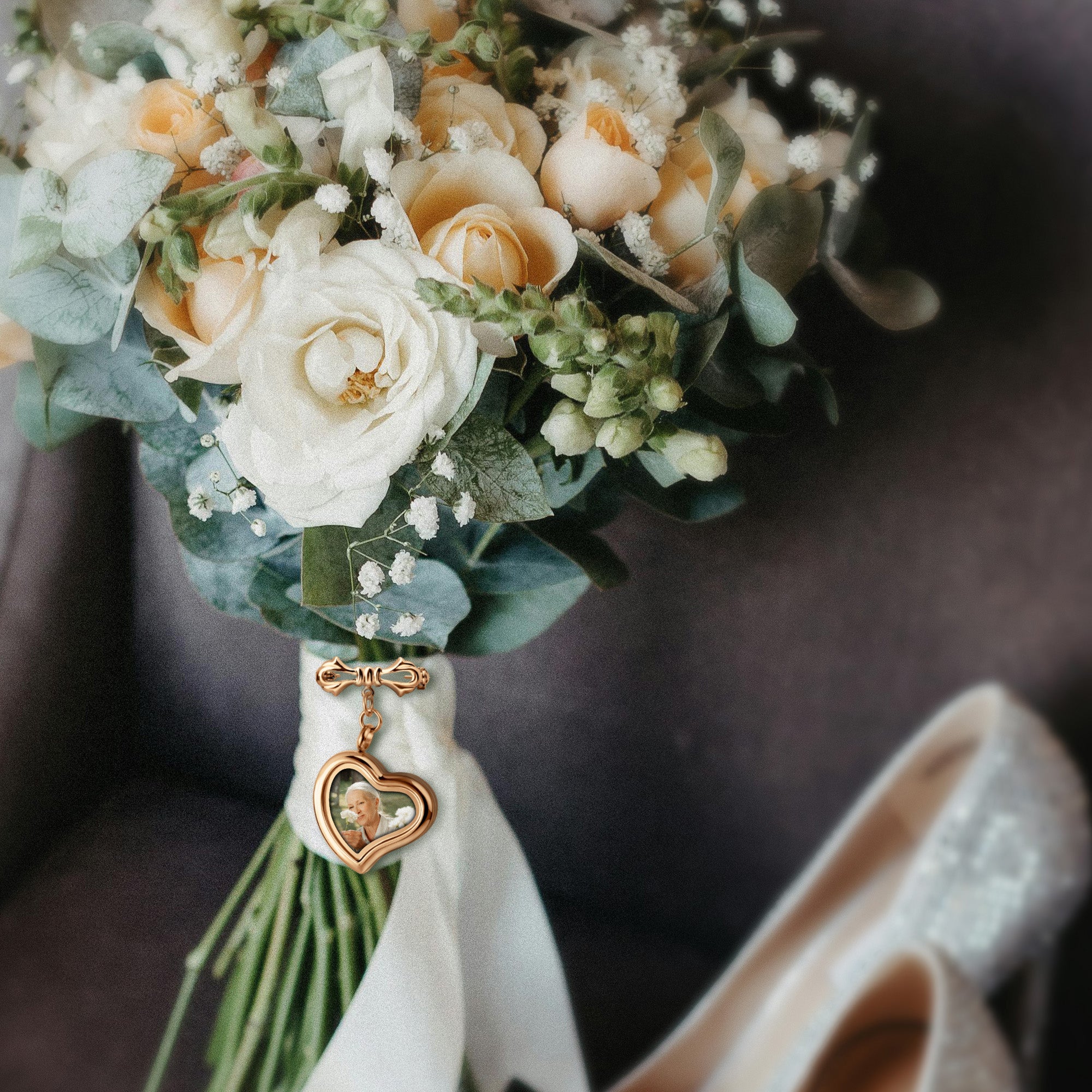 Glass Sideways Heart Wedding Photo Locket Brooch Pin