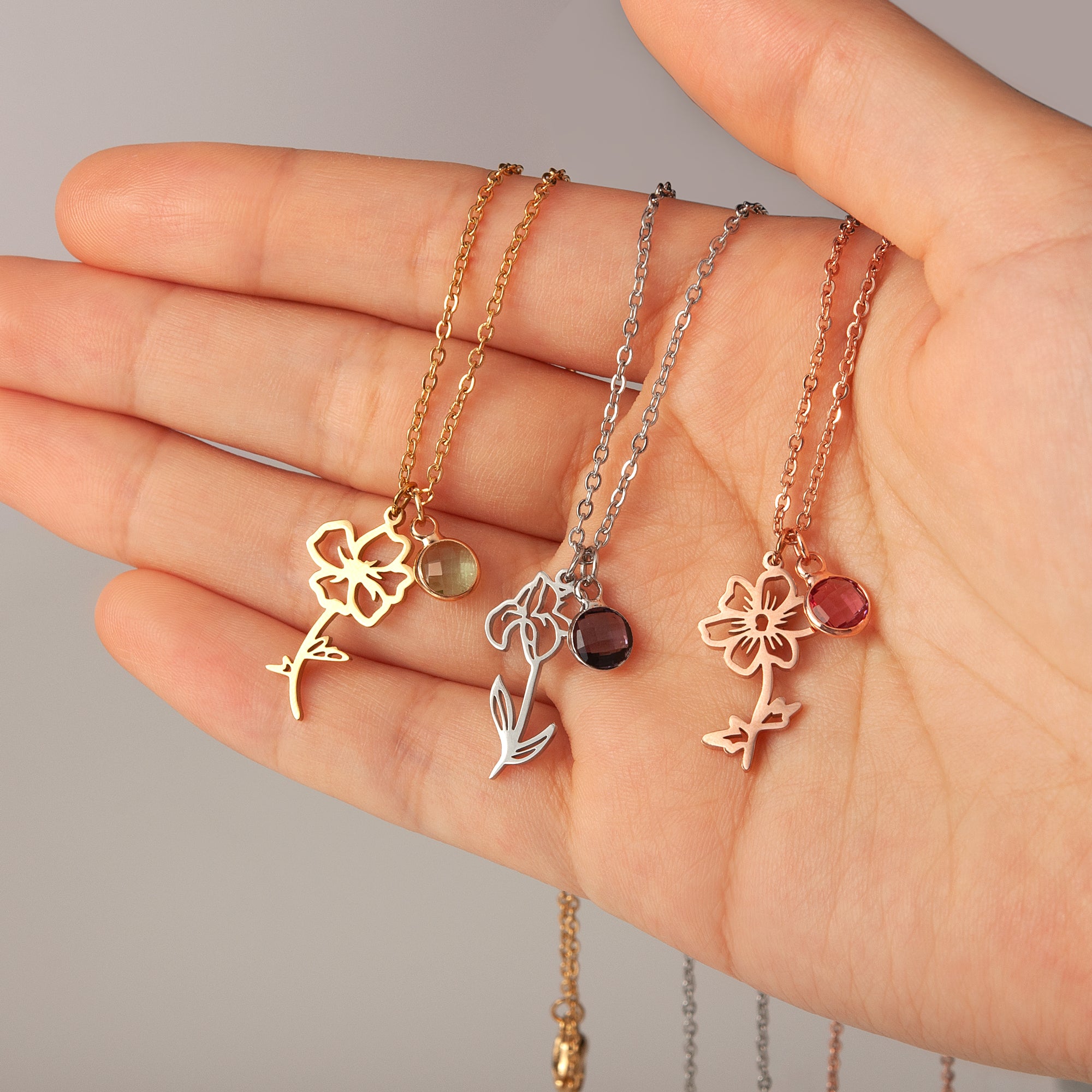 Stainless Steel Birth Flower and Birthstone Charm Necklace