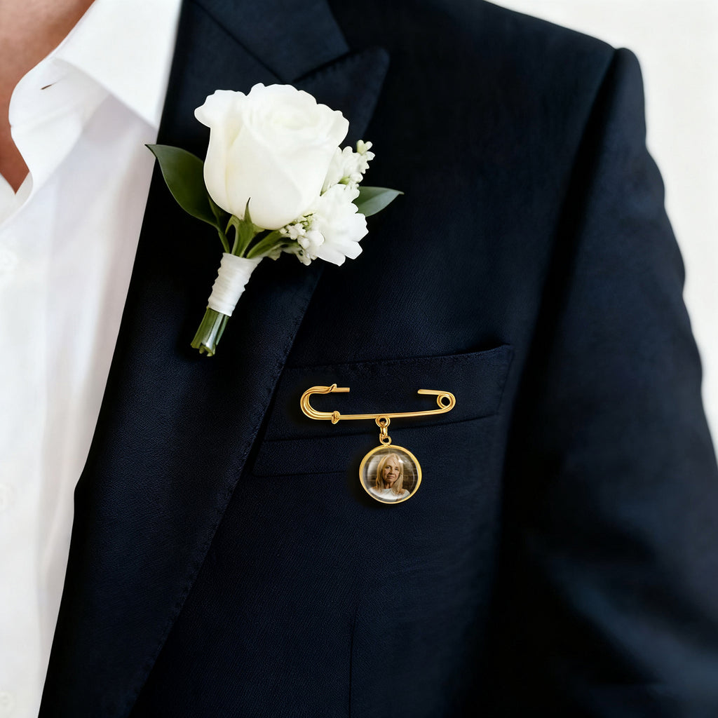 Vertical Wedding Round Photo Brooch Pin