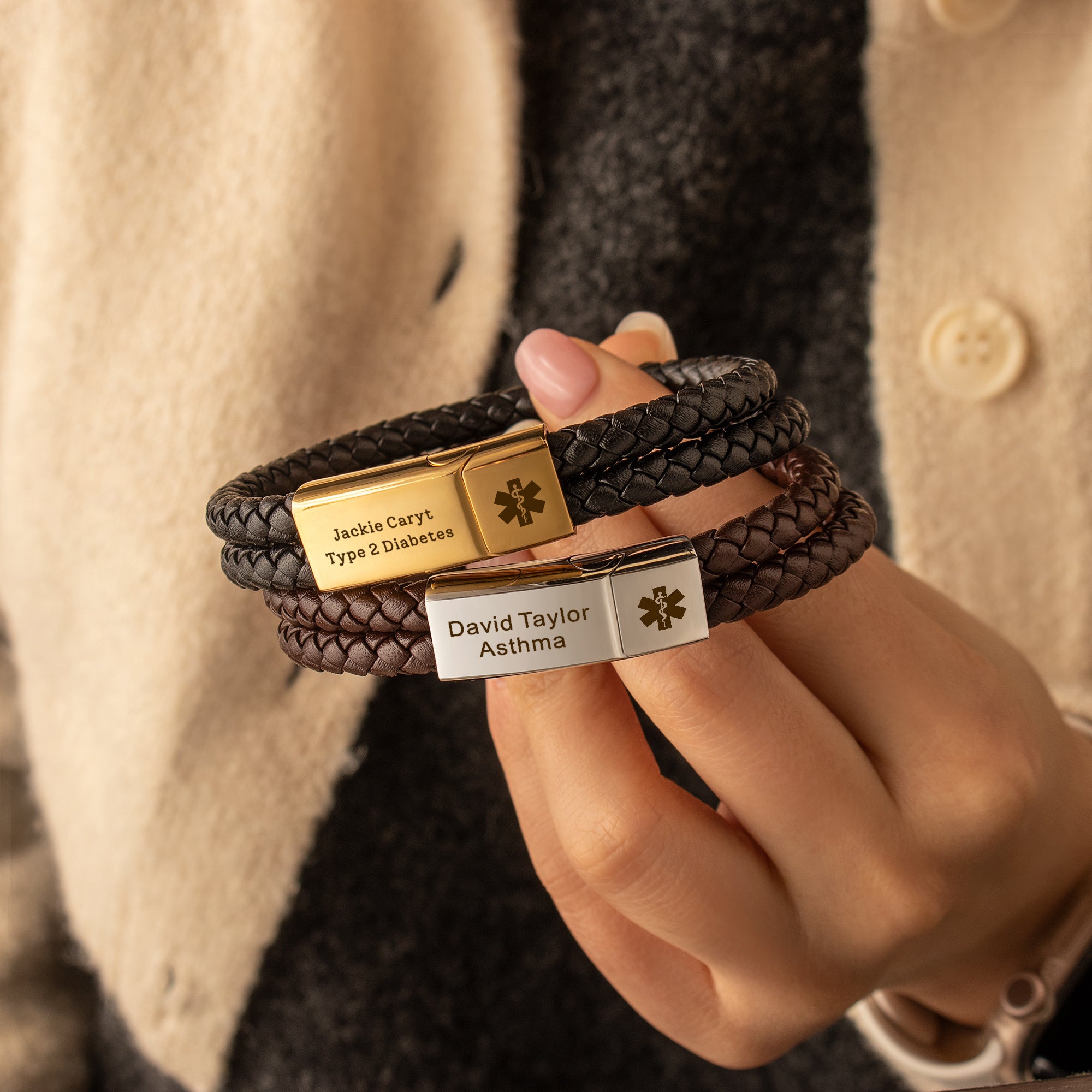 Personalized Medical ID Alert Double Strap Leather Bracelet