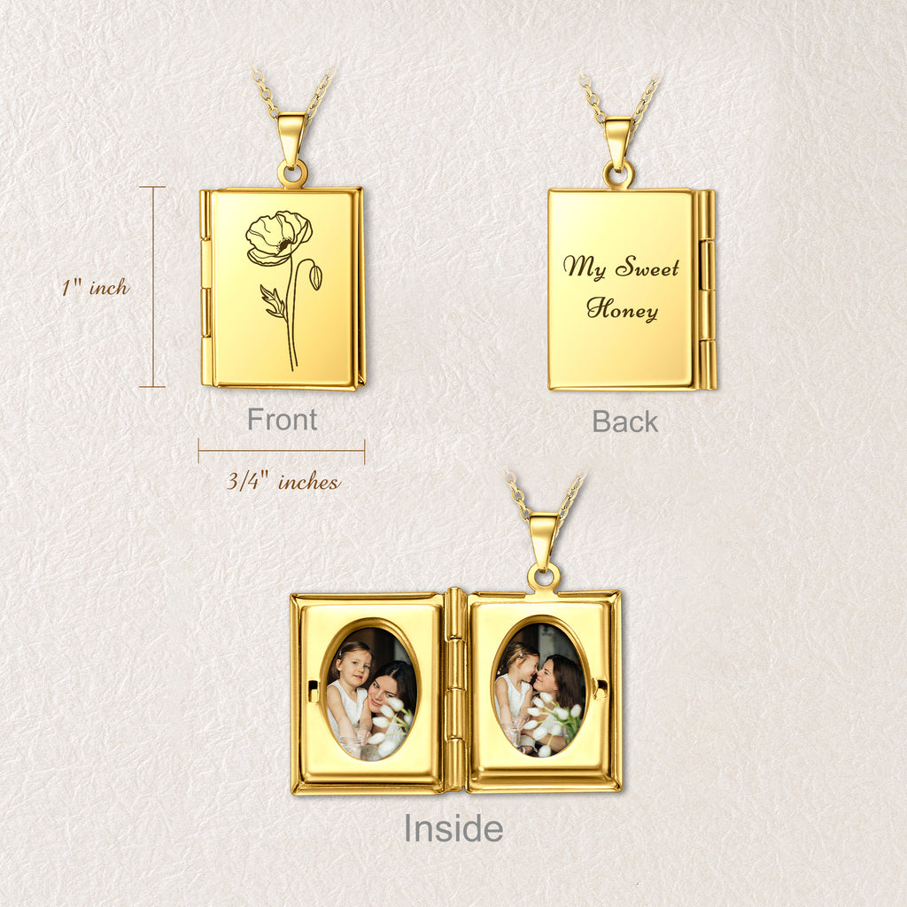 Square Birth Flower Photo Locket Necklace
