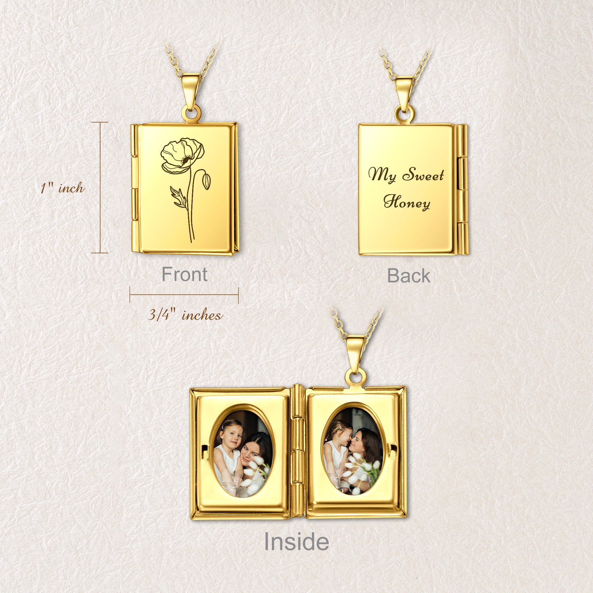 Square Birth Flower Photo Locket Necklace