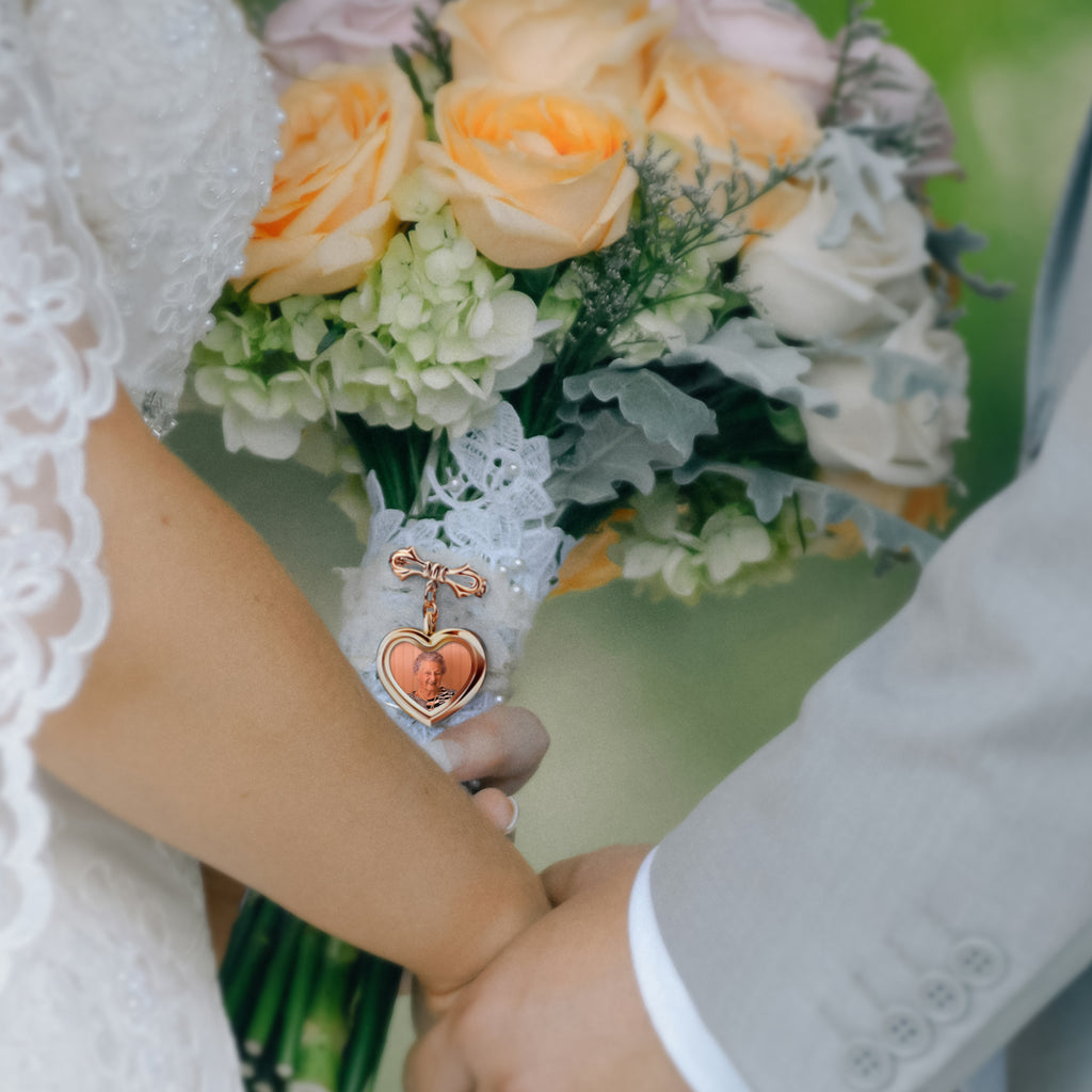 Glass Heart Wedding Photo Locket Brooch Pin