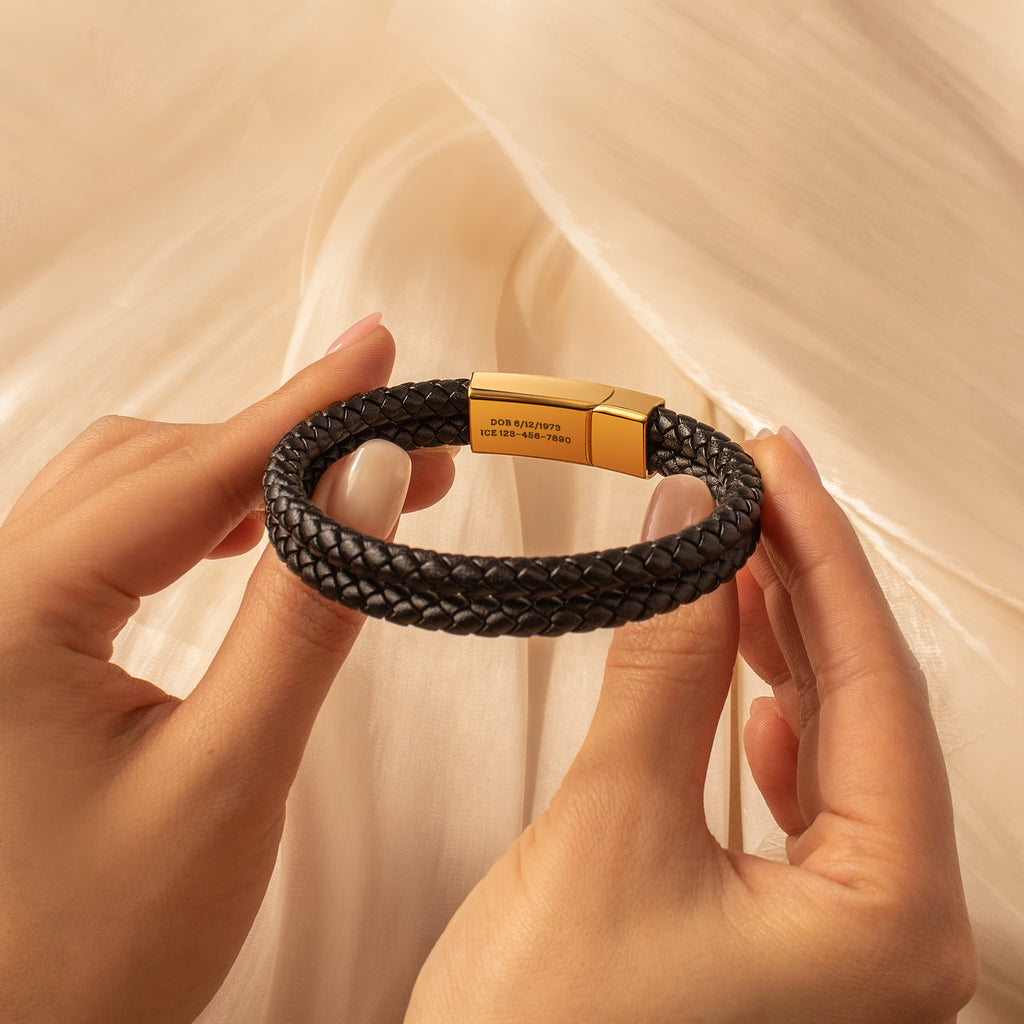Personalized Medical ID Alert Double Strap Leather Bracelet