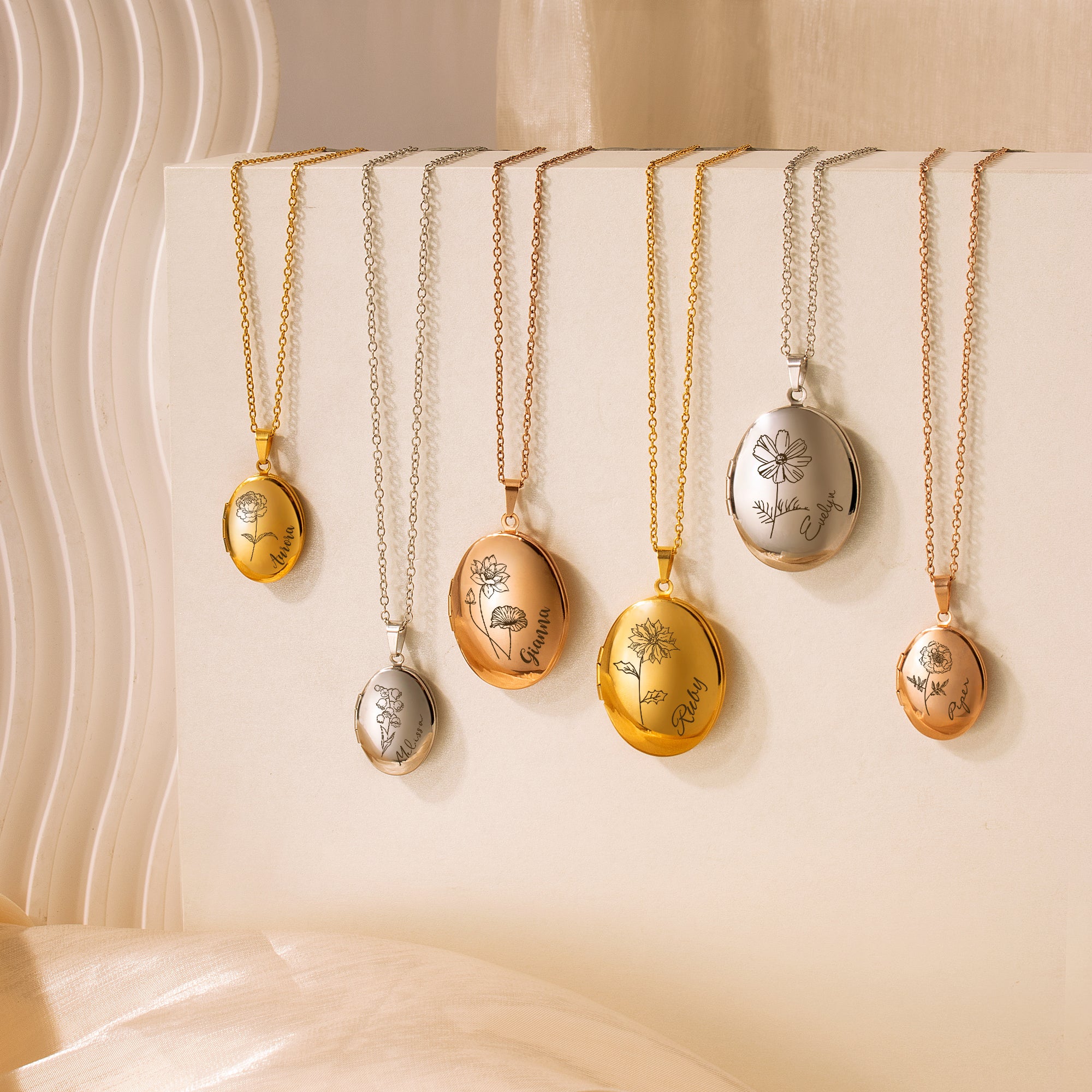 Oval Birth Flower and Name Photo Locket Necklace