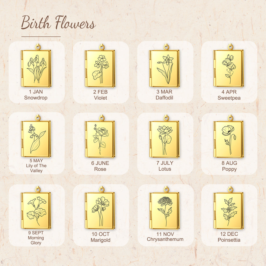 Square Birth Flower Photo Locket Necklace