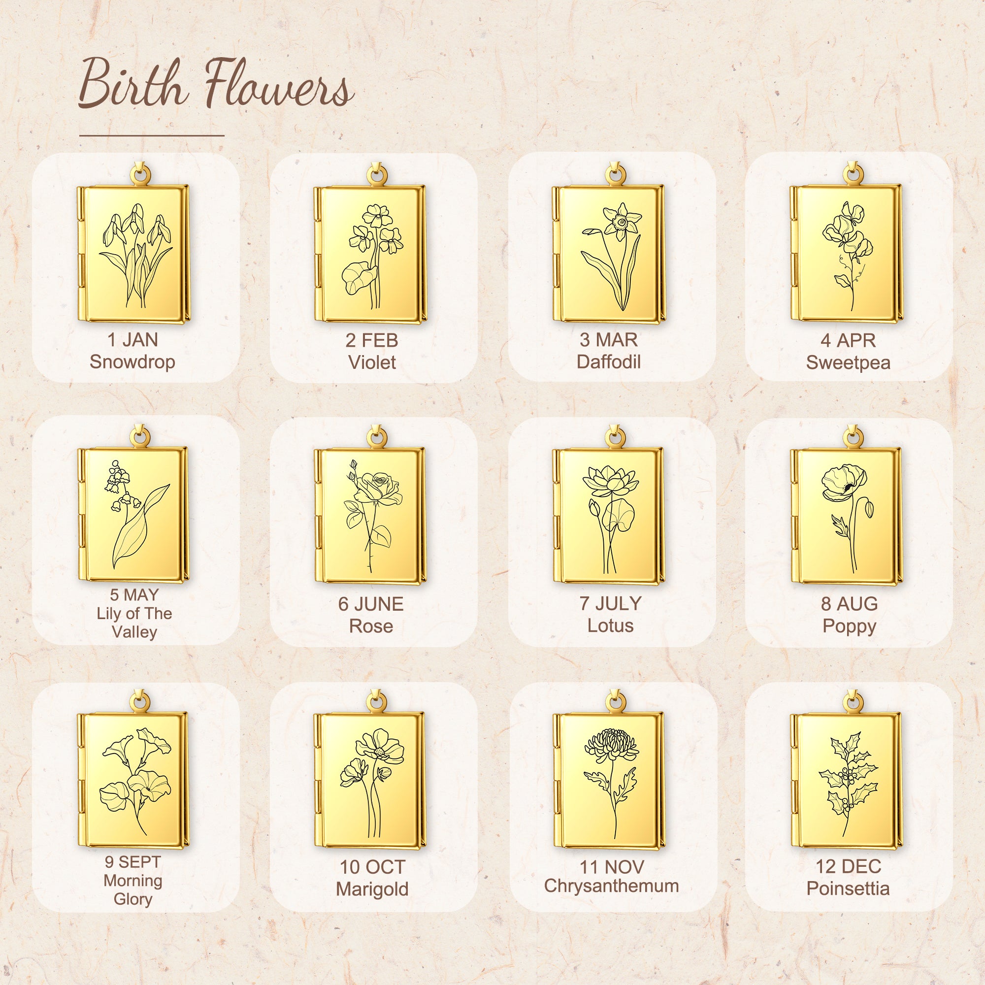 Square Birth Flower Photo Locket Necklace