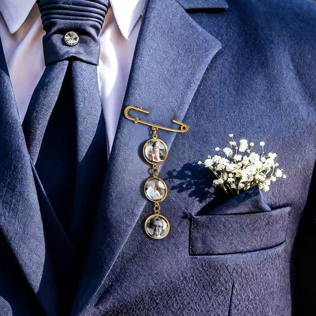 Vertical Wedding Round Photo Brooch Pin