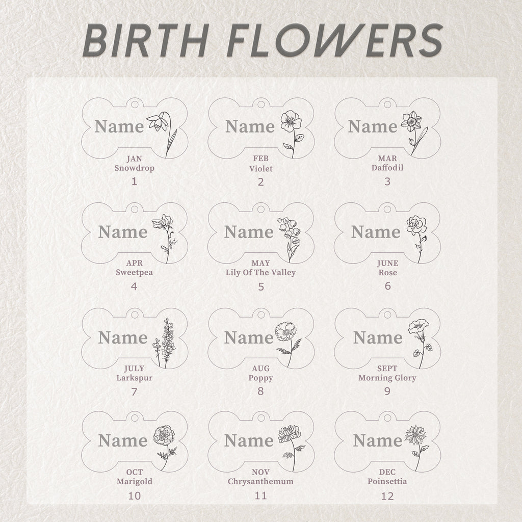 Birth Flower Dog Bone Pet Tag