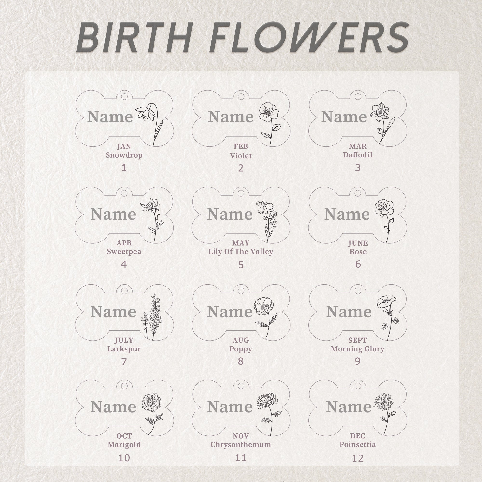 Birth Flower Dog Bone Pet Tag