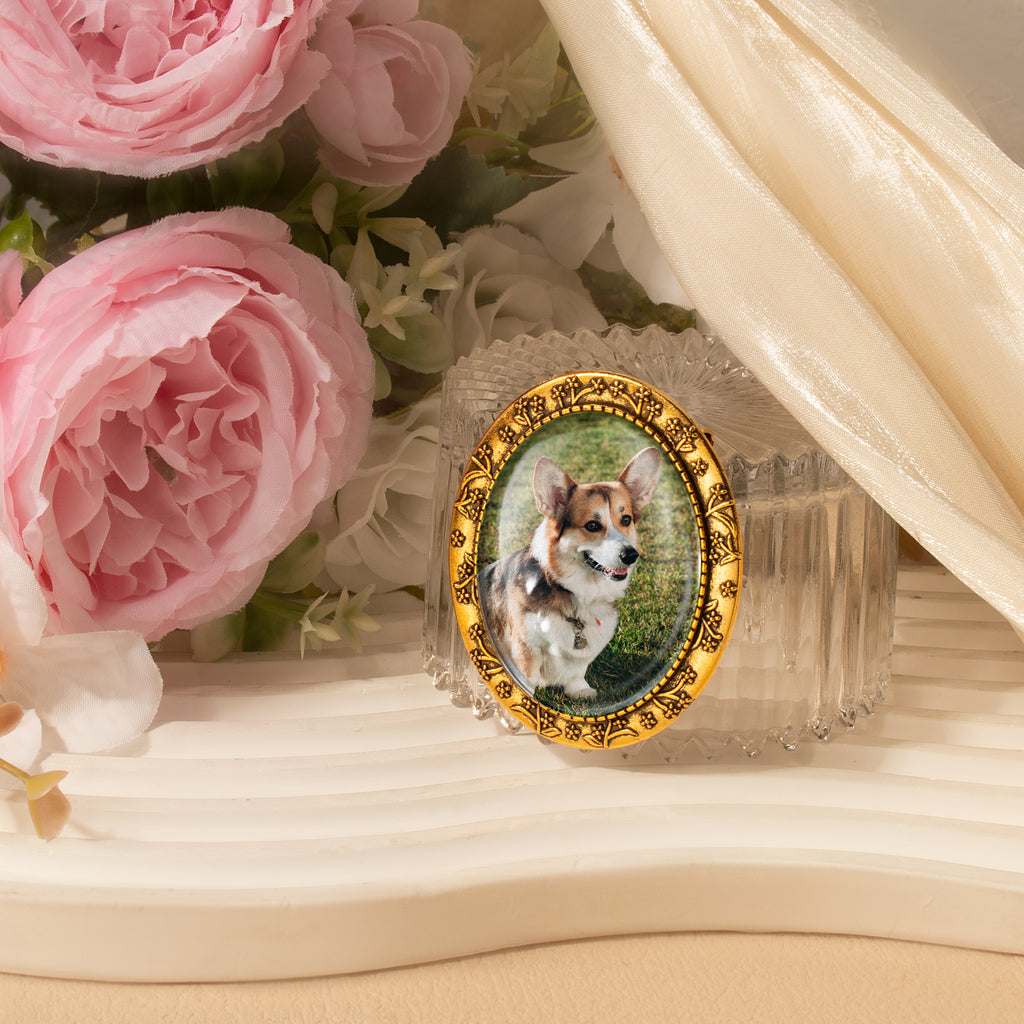 Vintage Oval Floral Pet Memorial Photo Brooch