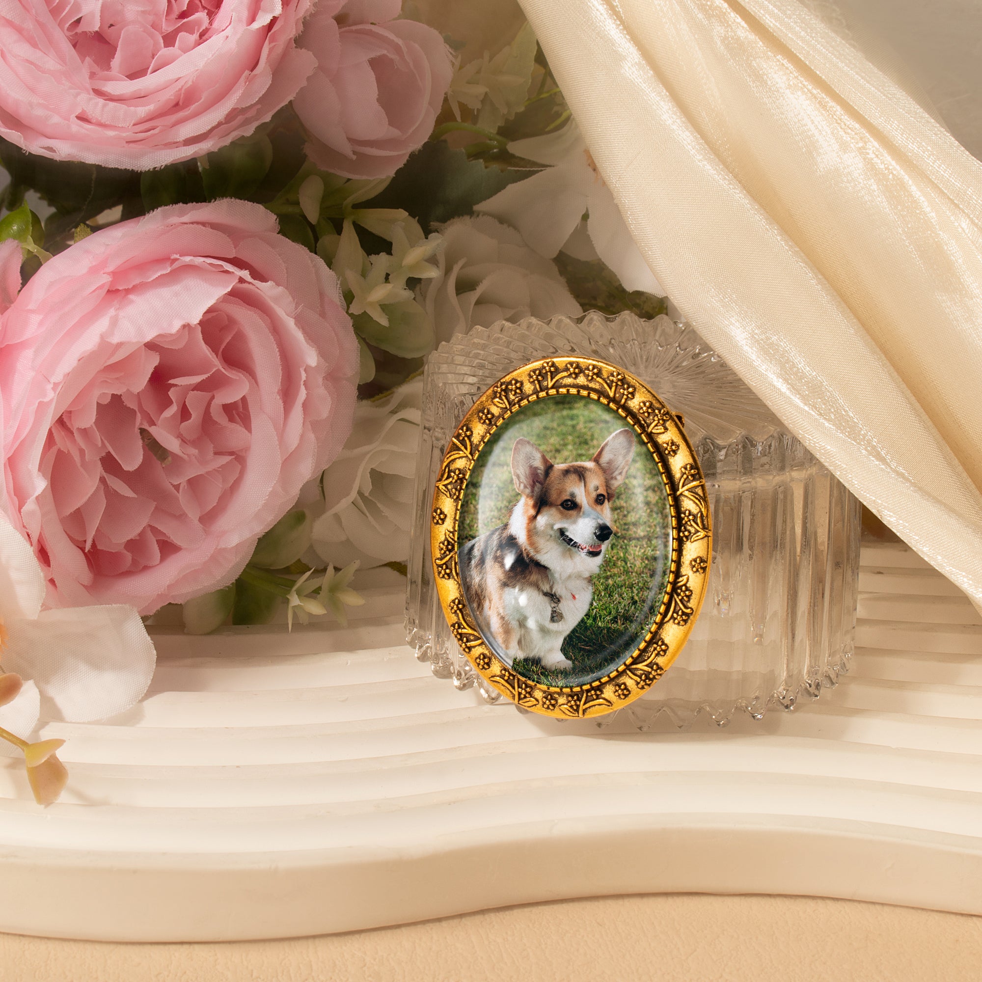 Vintage Oval Floral Pet Memorial Photo Brooch
