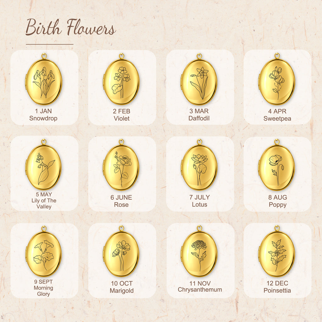 Oval Birth Flower Photo Locket Necklace
