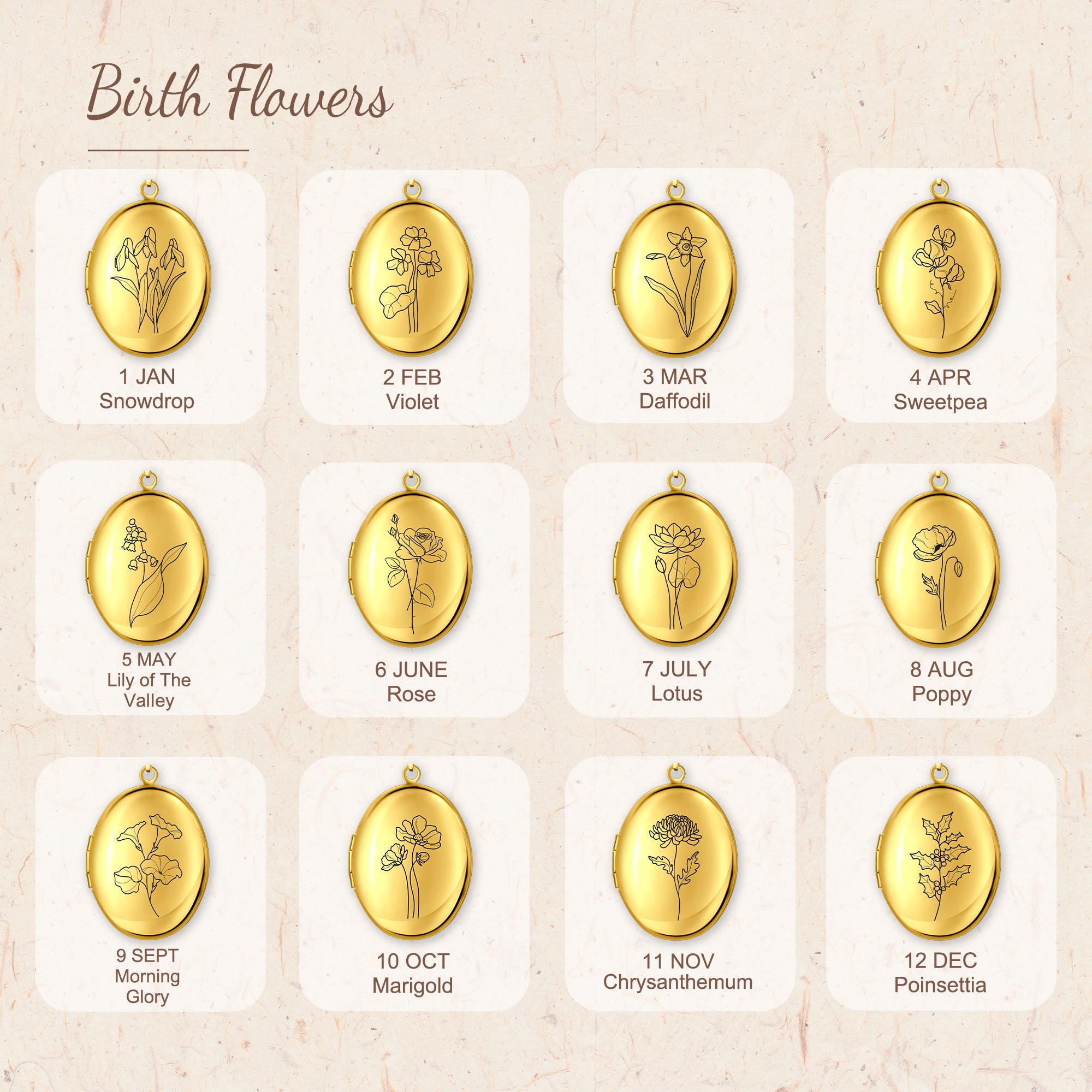 Oval Birth Flower Photo Locket Necklace