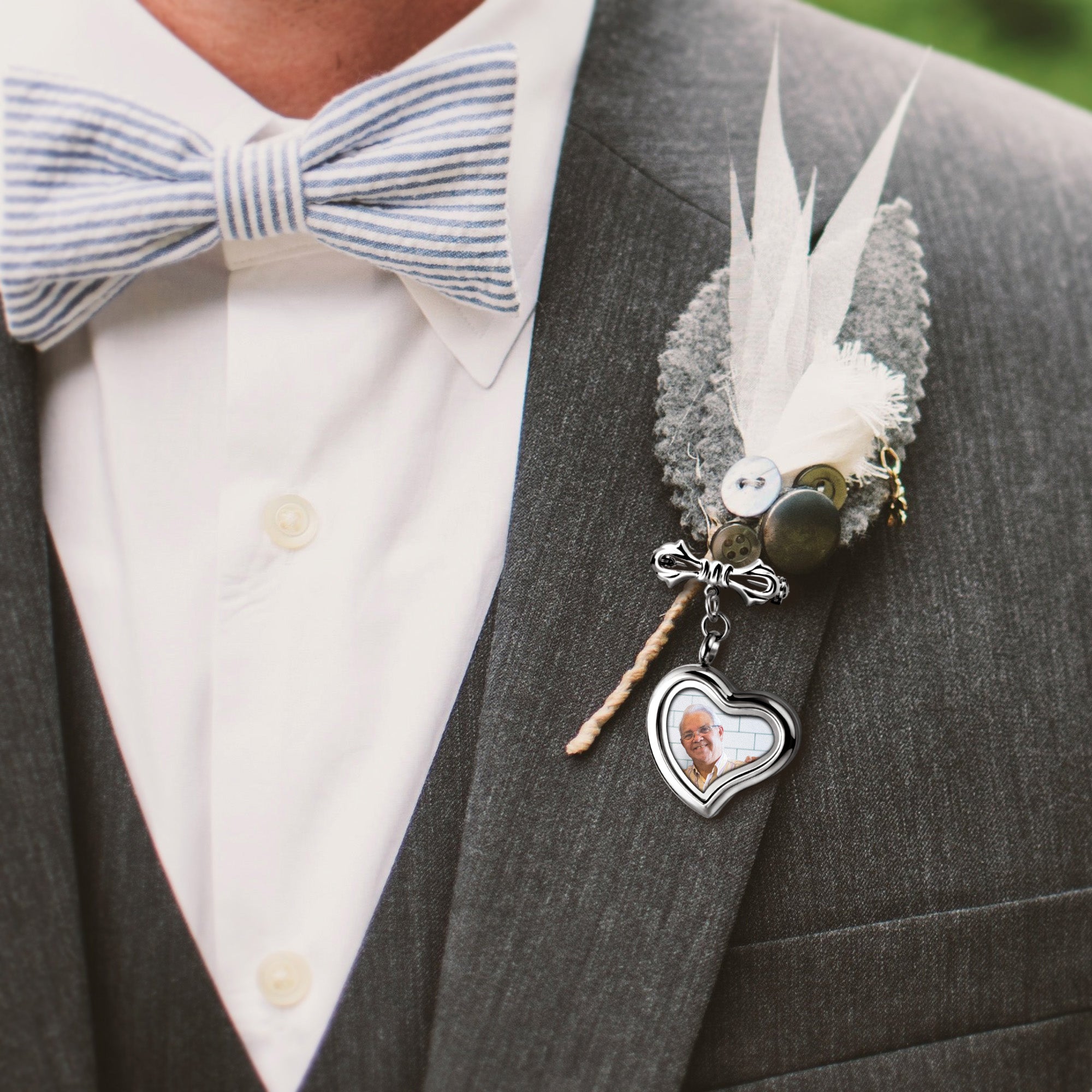 Glass Sideways Heart Wedding Photo Locket Brooch Pin