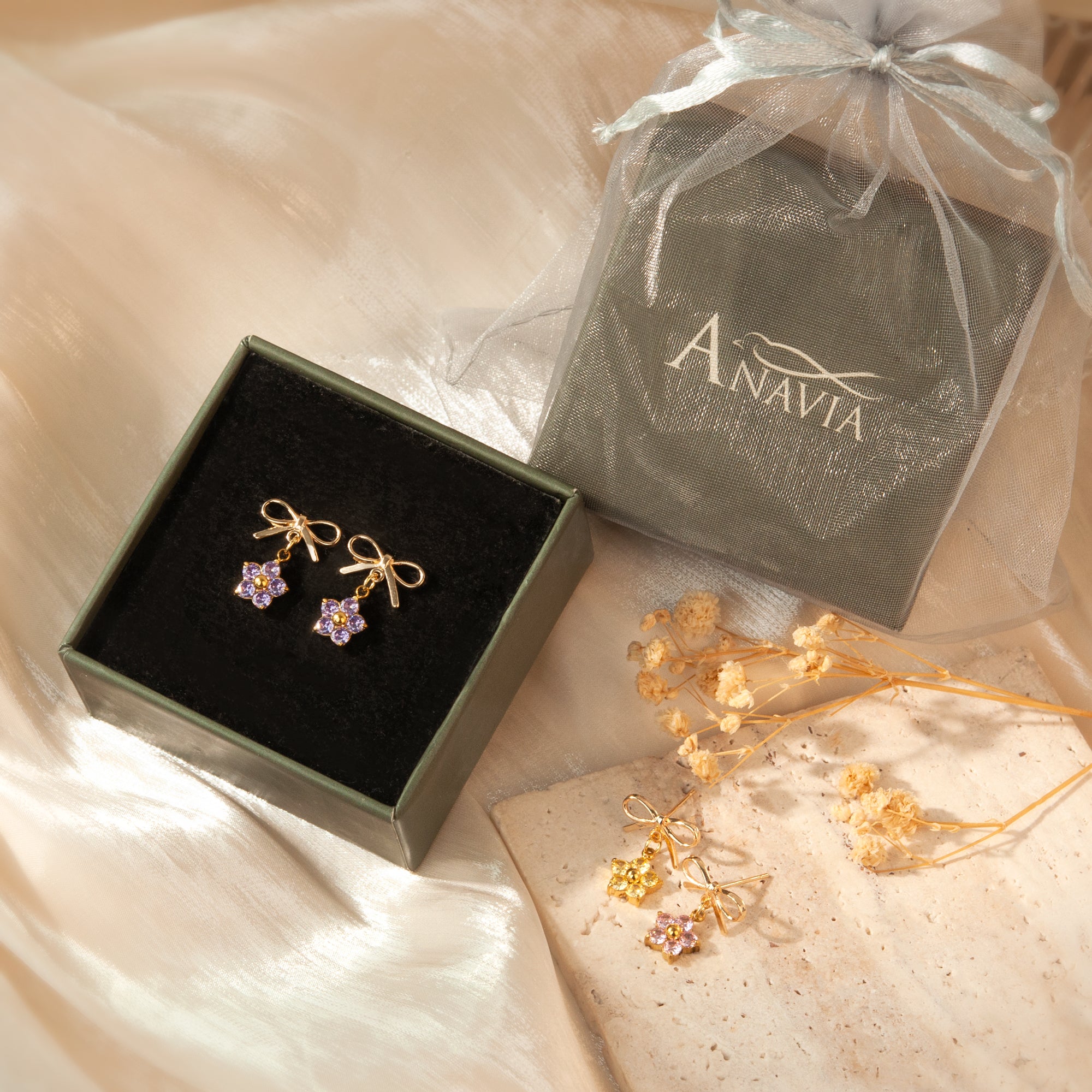 Plum Blossom Birthstone Bow Earrings