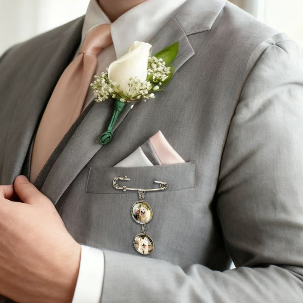 Vertical Wedding Round Photo Brooch Pin