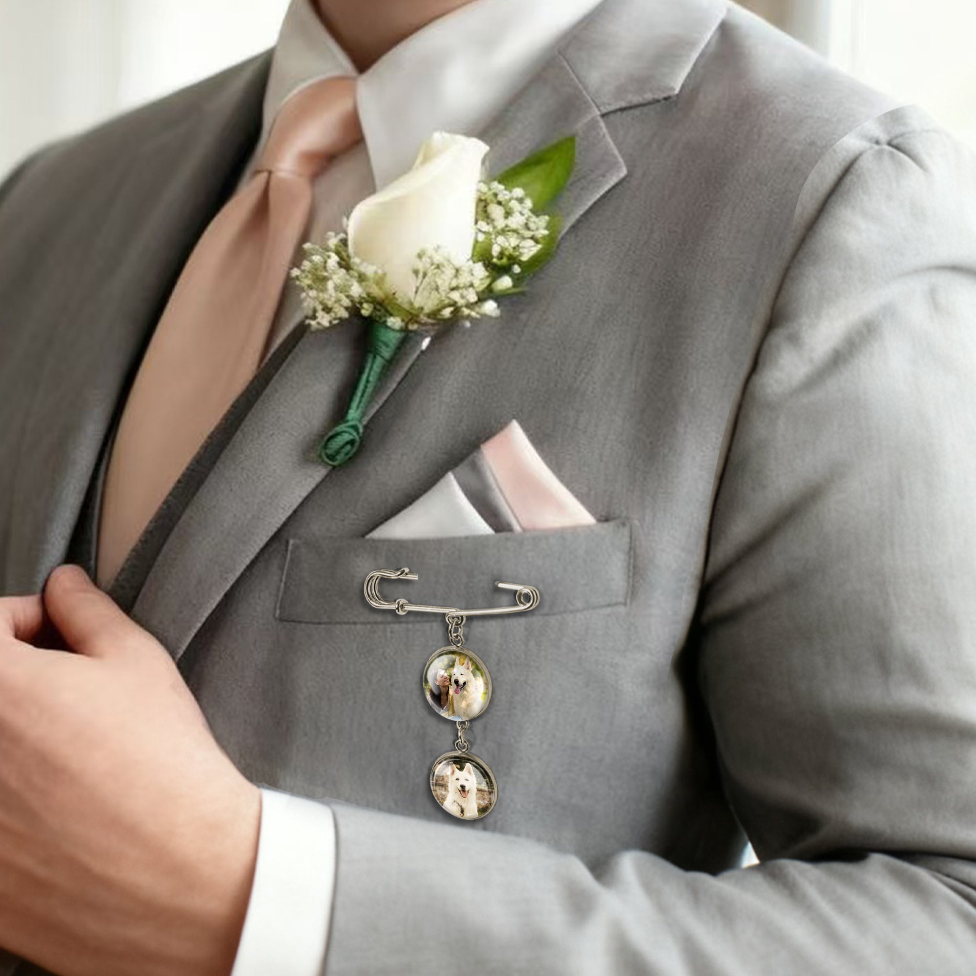 Vertical Round Pet Memorial Photo Brooch Pin