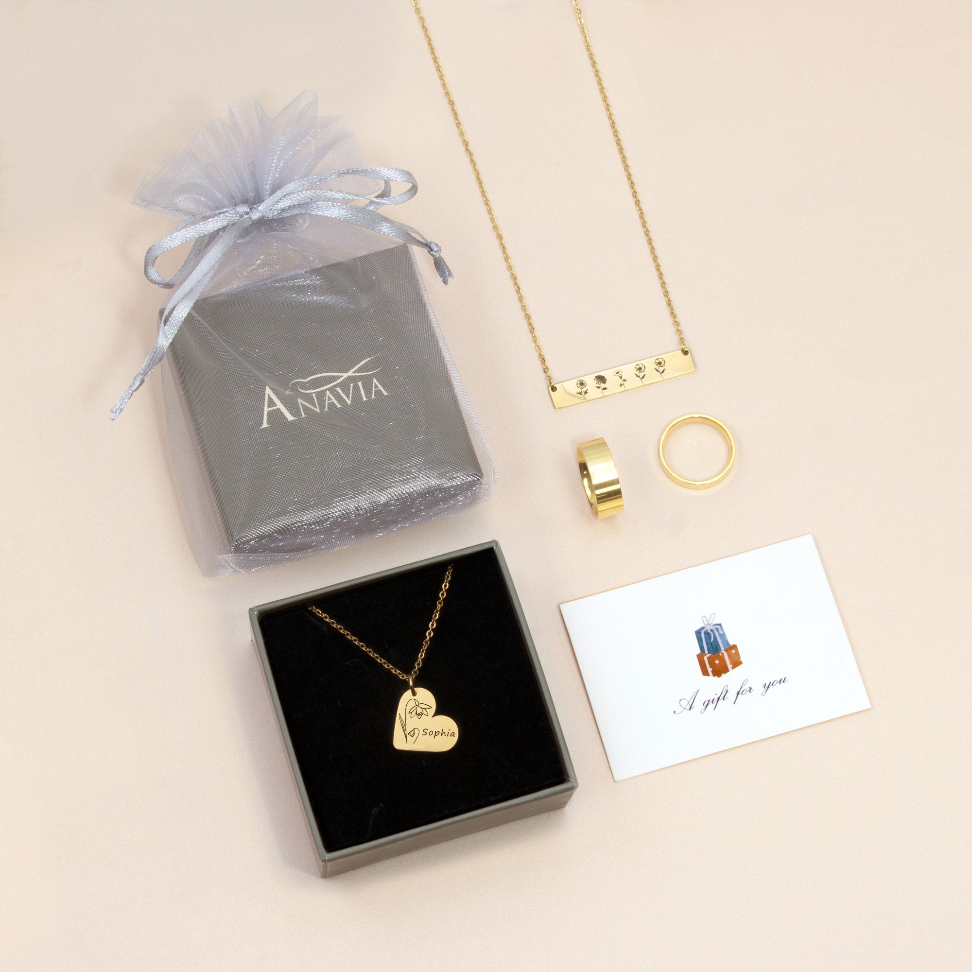 Personalized Mini Heart Text and Birth Flower Necklace