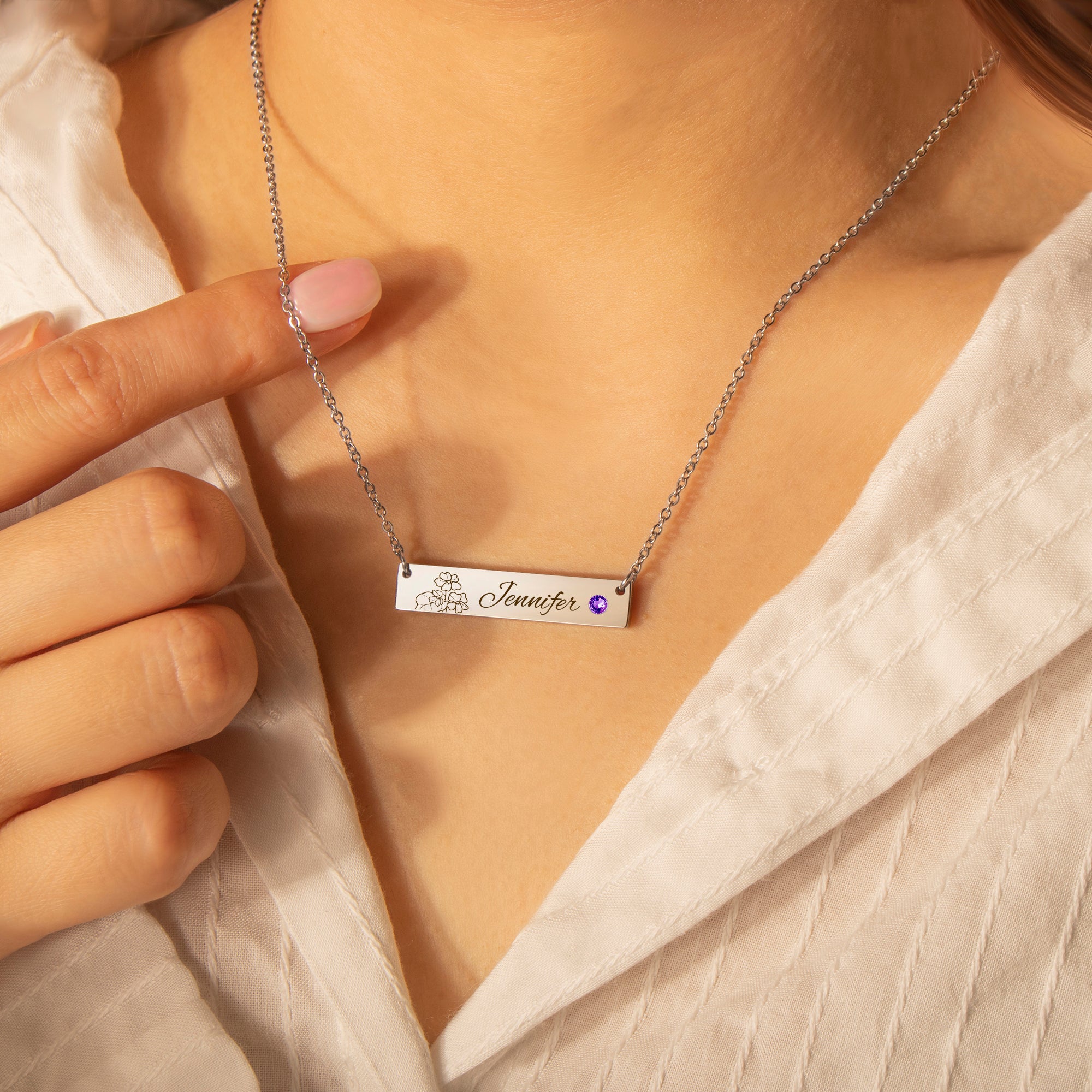 Birthstone Bar Flower and Name Necklace