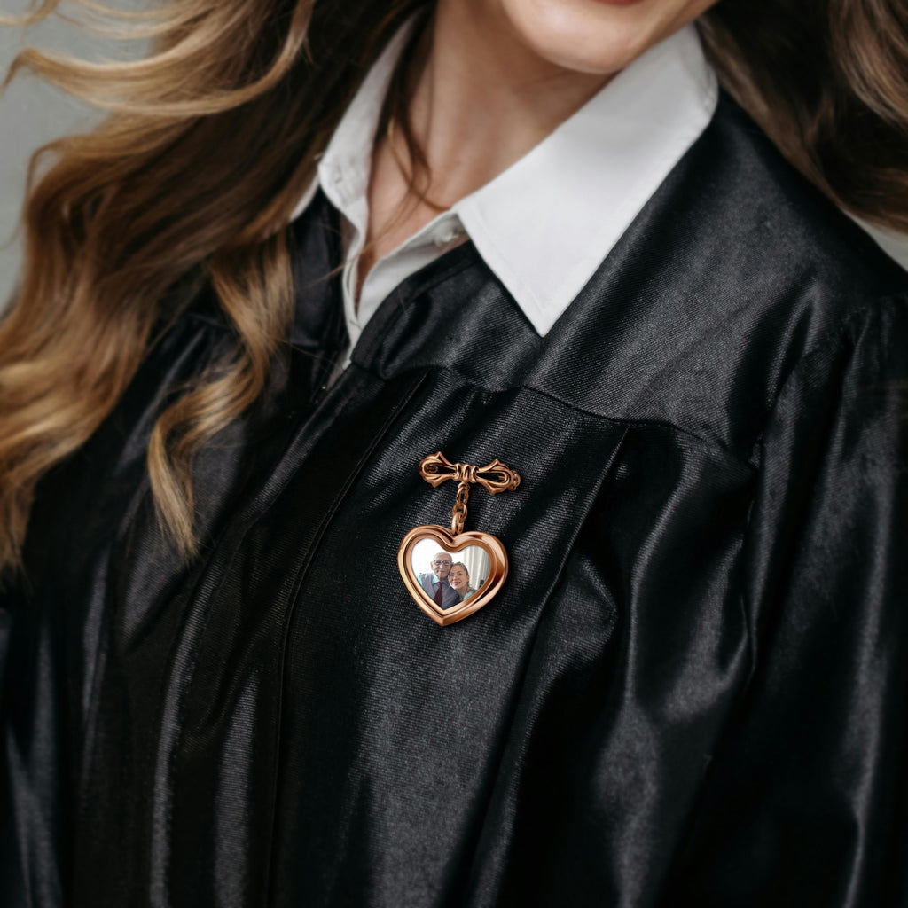 Glass Heart Graduation Photo Locket Brooch Pin