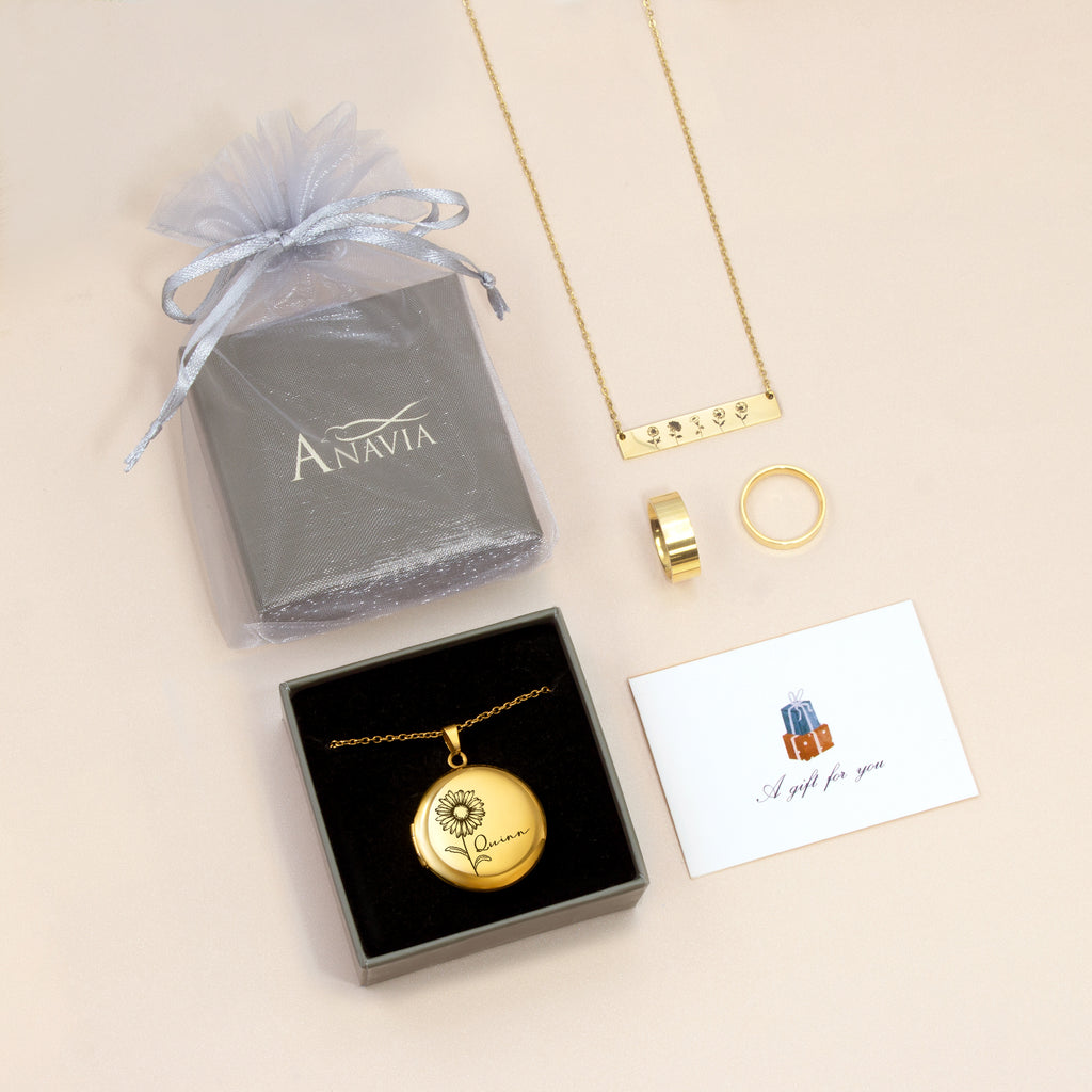 Round Birth Flower and Name Photo Locket Necklace