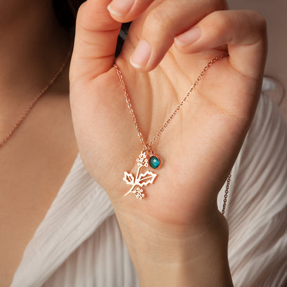 Stainless Steel Birth Flower and Birthstone Charm Necklace