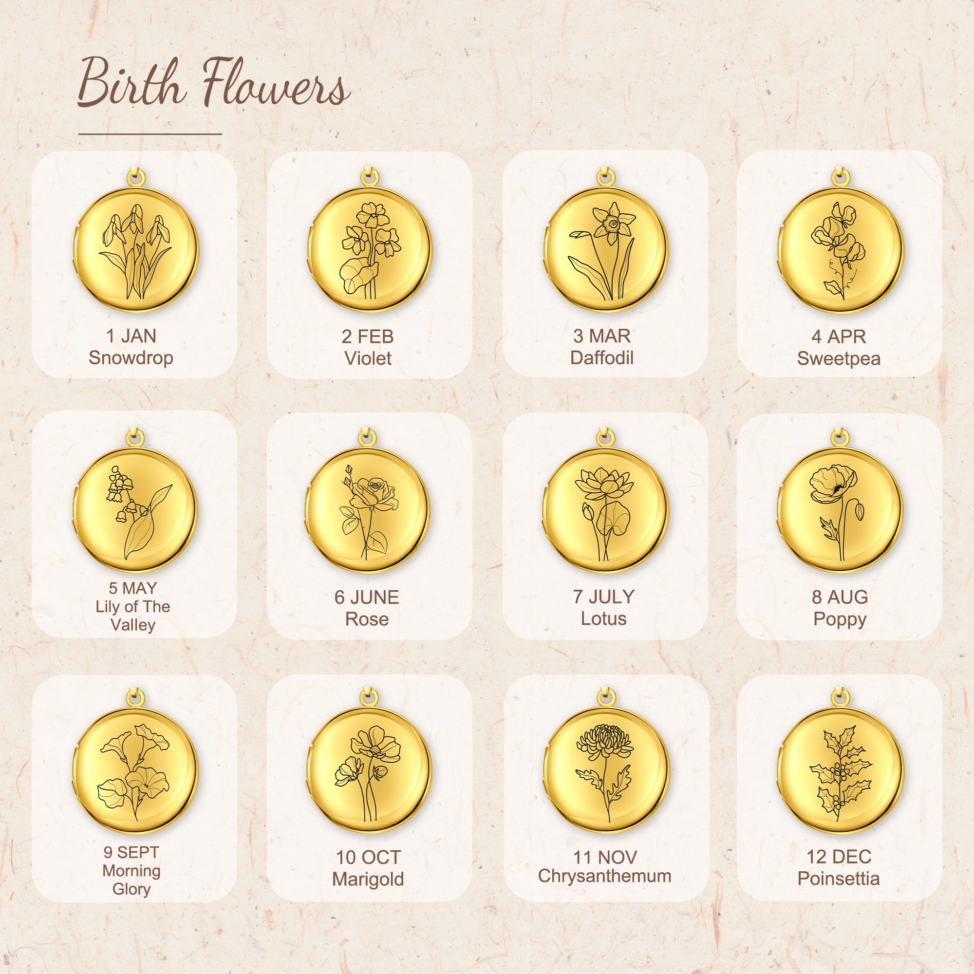 Round Birth Flower Photo Locket Necklace