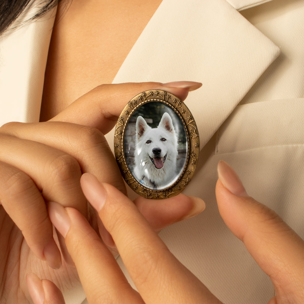 Vintage Oval Floral Pet Memorial Photo Brooch