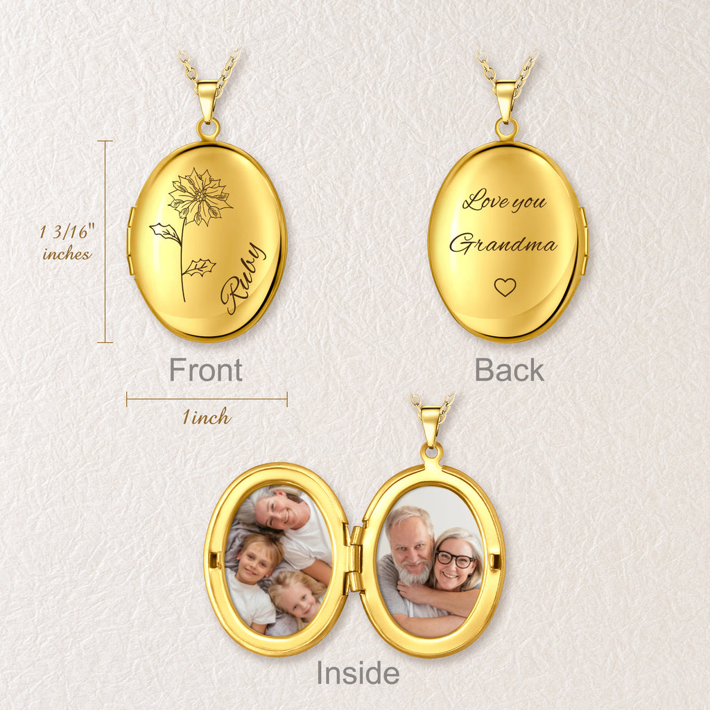 Oval Birth Flower and Name Photo Locket Necklace