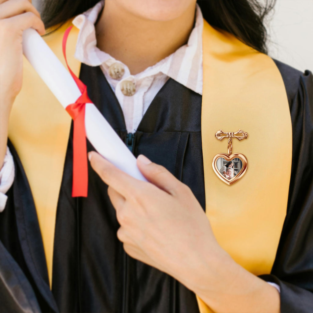 Glass Heart Graduation Photo Locket Brooch Pin