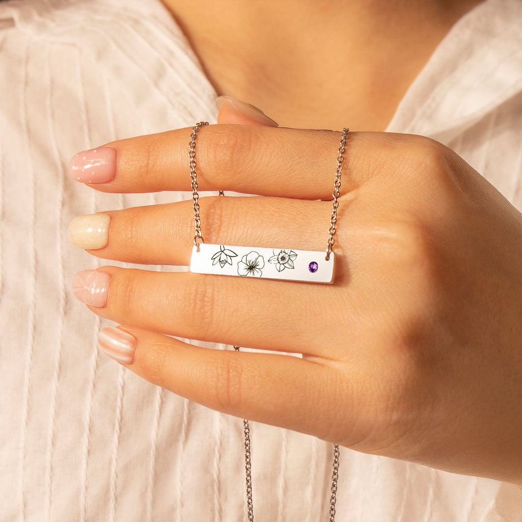 1-4 Birth Flower Birthstone Bar Necklace