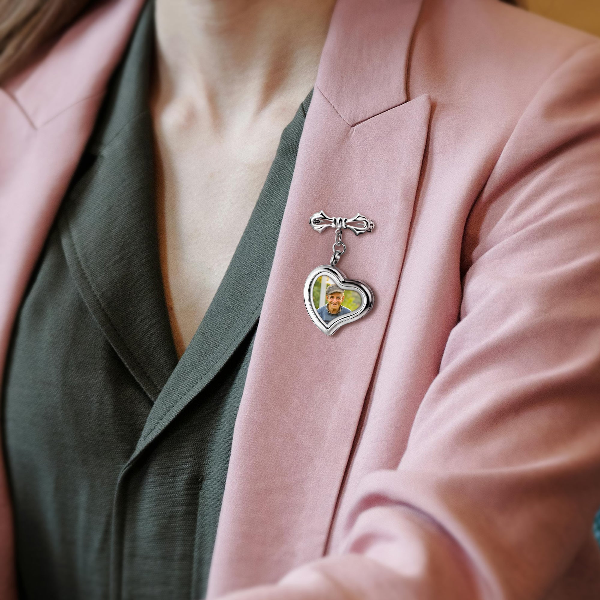 Glass Sideways Heart Photo Locket Brooch Pin