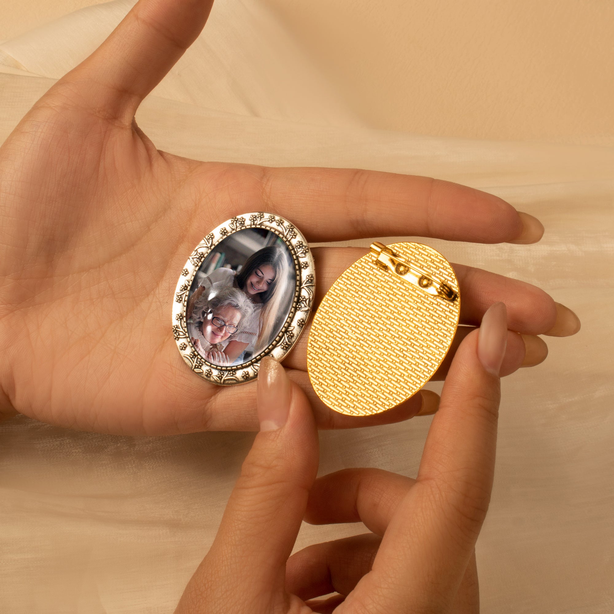 Vintage Oval Floral Memorial Graduation Photo Brooch