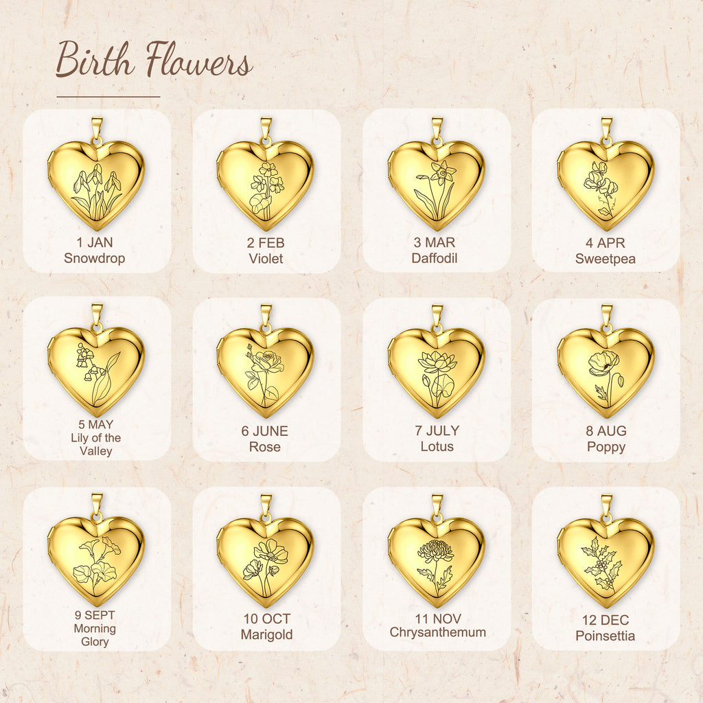 Birth Flower Heart Locket Necklace